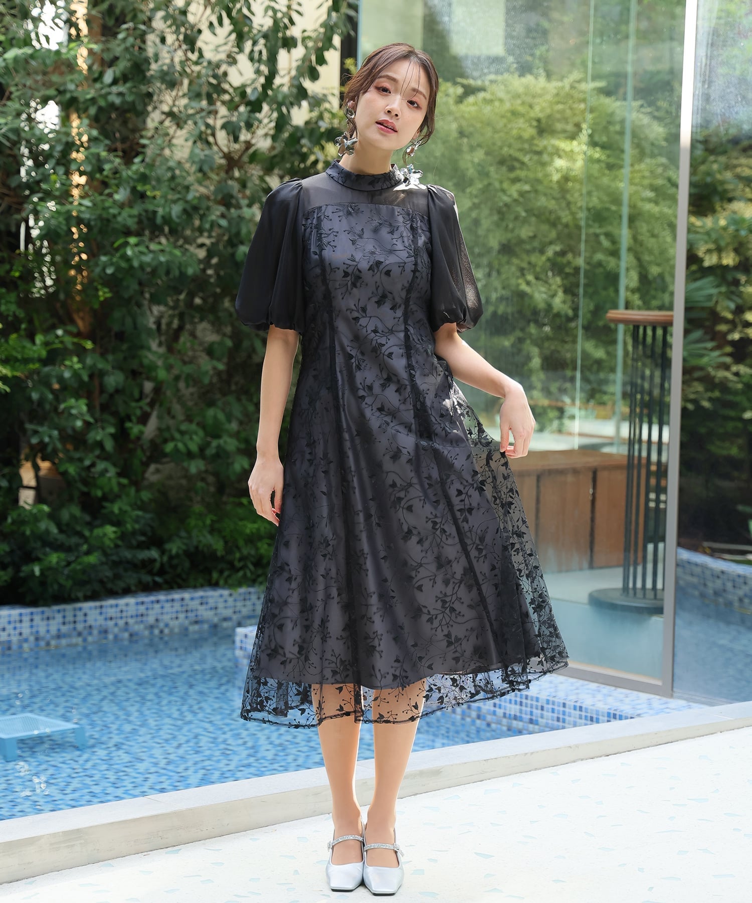 PourVous｜刺繍レースパフスリーブドレス 結婚式 パーティードレス