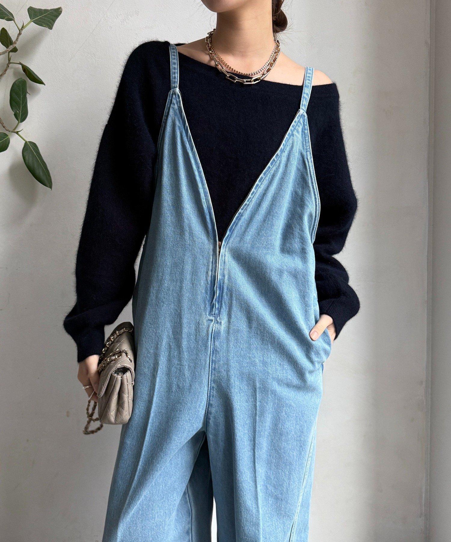 DOUDOU｜細紐デニムフロントジップサロペット | Rakuten Fashion(楽天