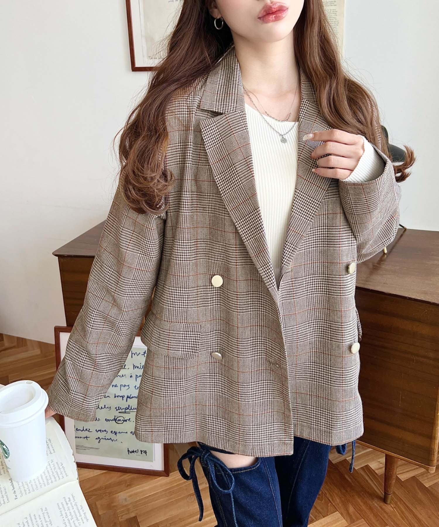 moment+｜マットゴールド釦グレンチェックダブルテーラードジャケット