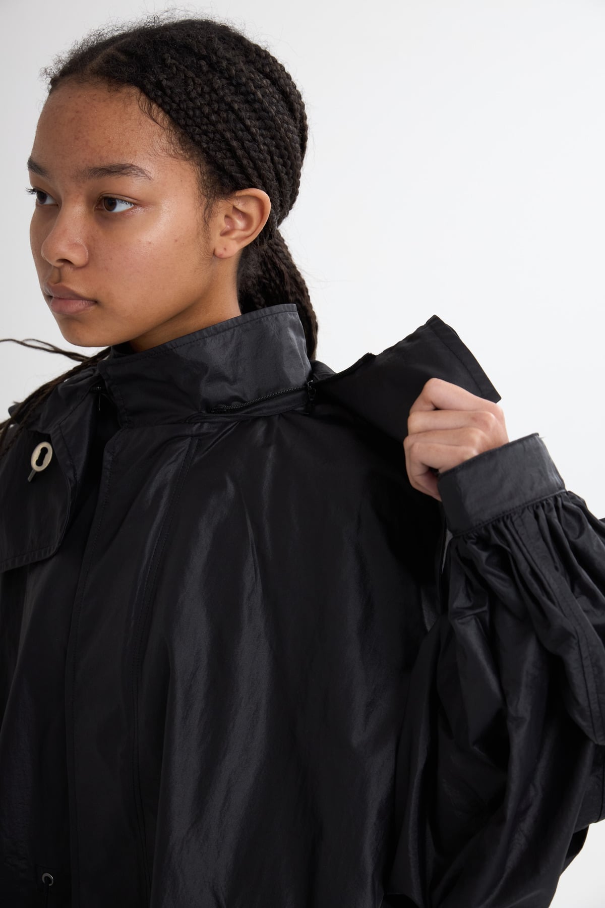 MEGMIURA｜2WAY Pin tuck Leather like Nylon Long Mods coat