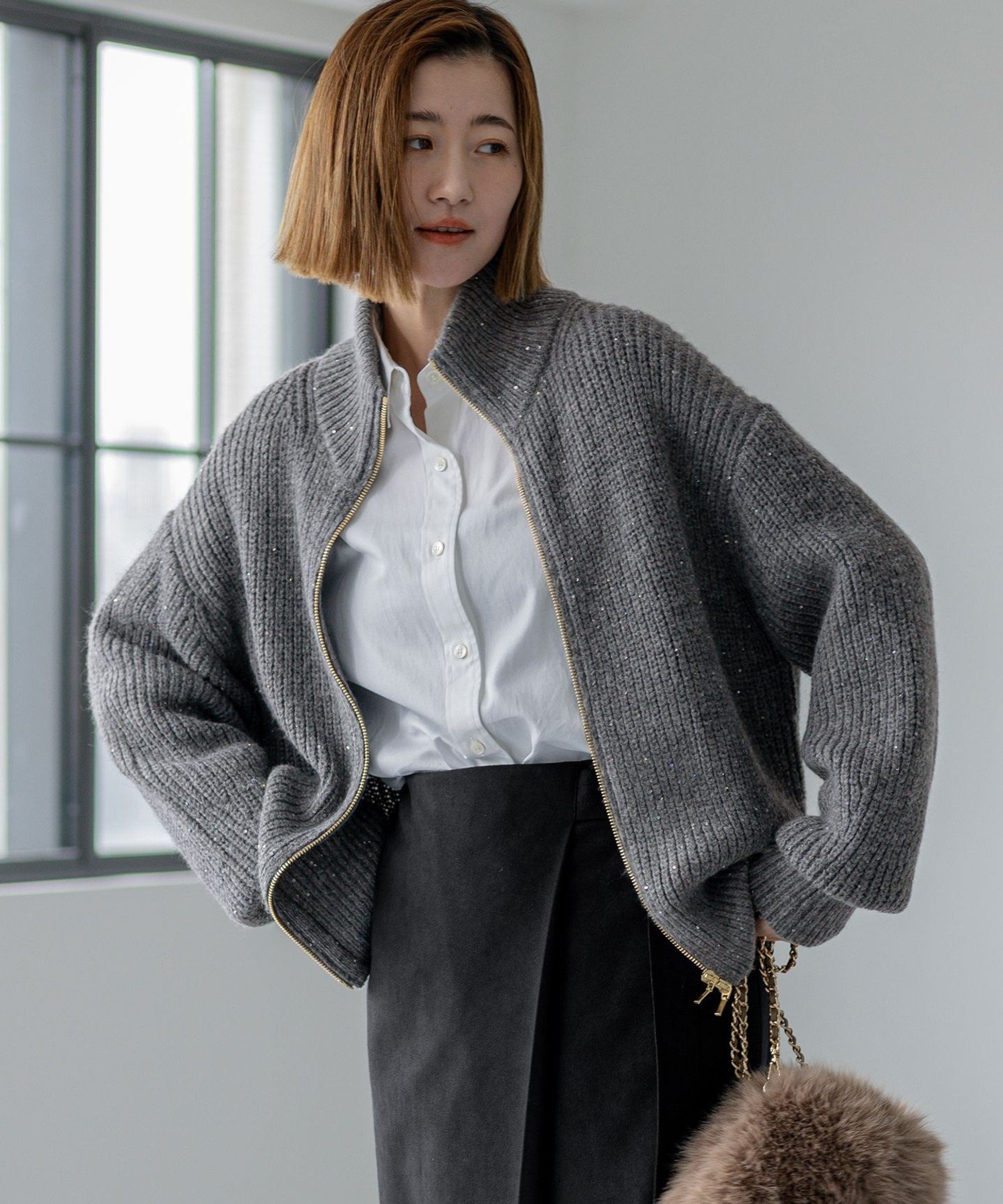 23区｜【洗える】スパンコールバルキー ダブルジップ ニットブルゾン