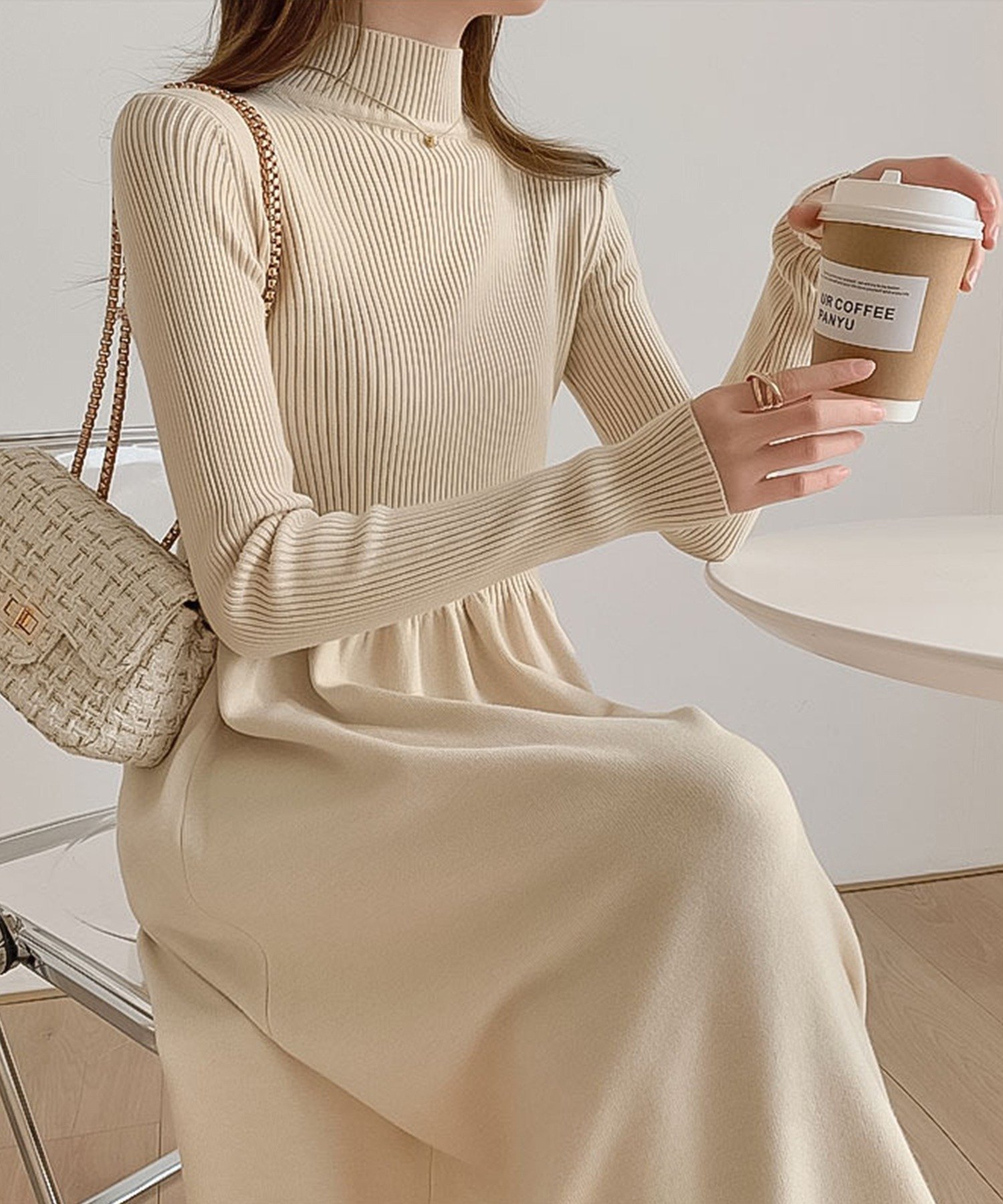 aimoha｜aimoha -select-/スタンドカラー切り替えニットワンピース