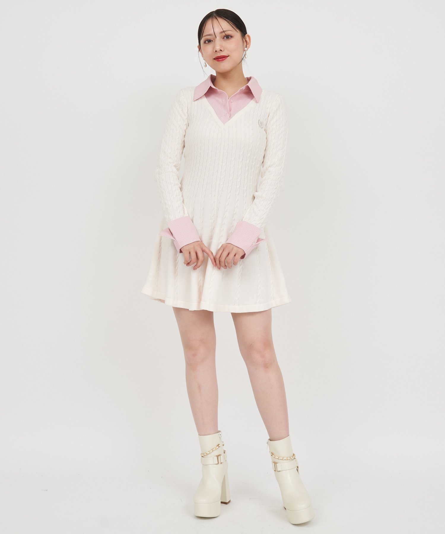 ROYAL PARTY｜オリジナルカレッジロゴシャツ付ケーブルニットミニ