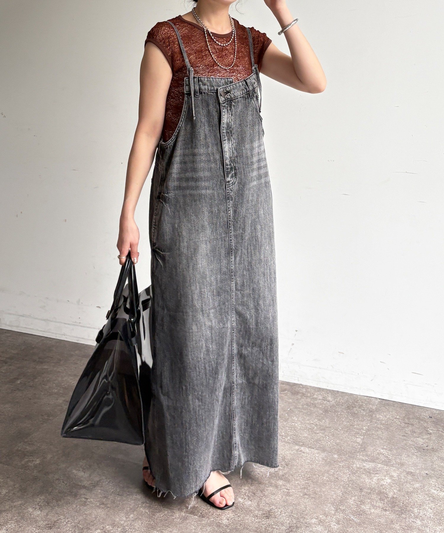 DOUDOU｜【完売カラー再追加!/体型カバー】裾フリンジデニムジャンスカ