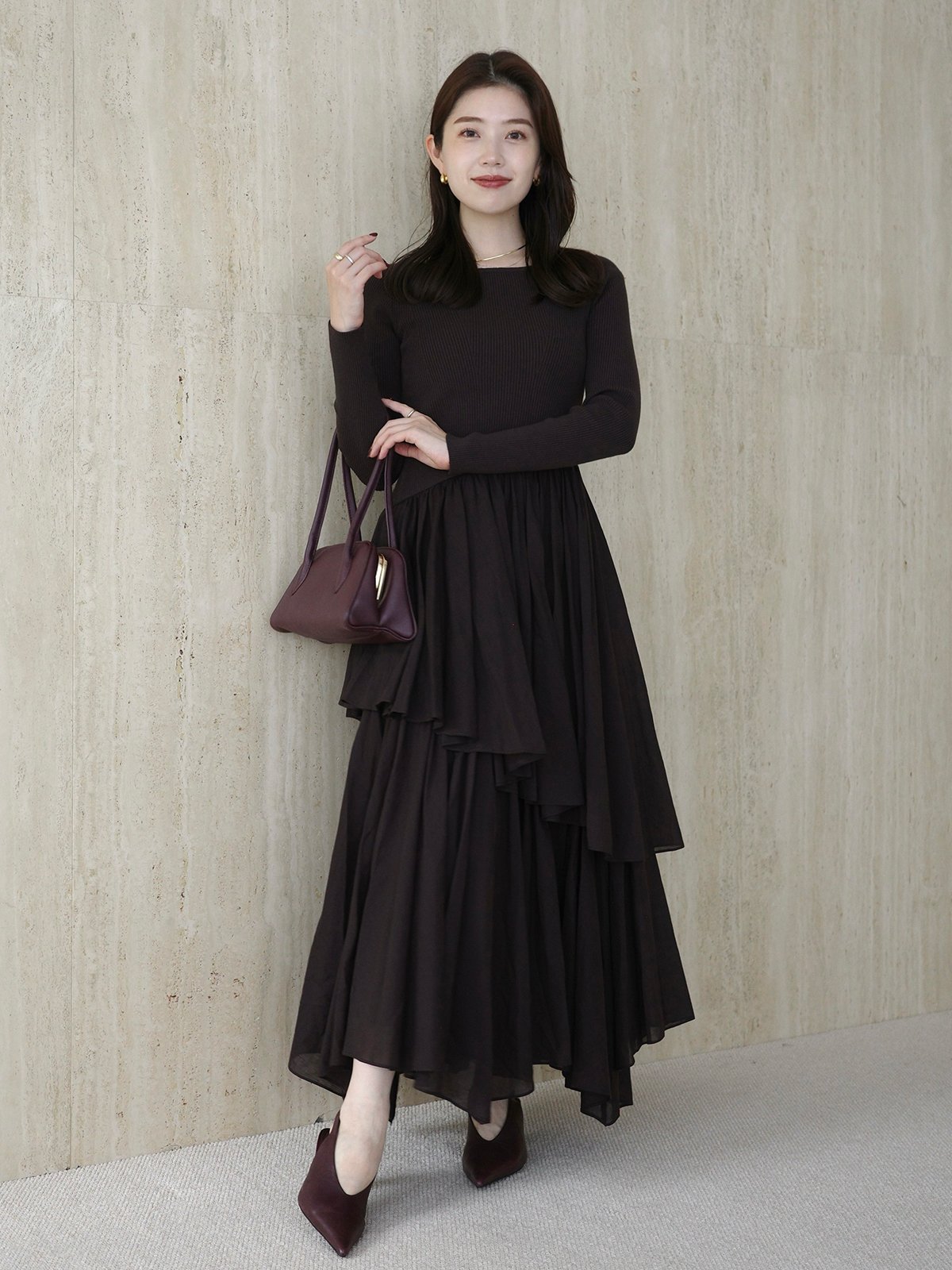 anuans｜ボートネックイレギュラーヘムドッキングニットワンピース