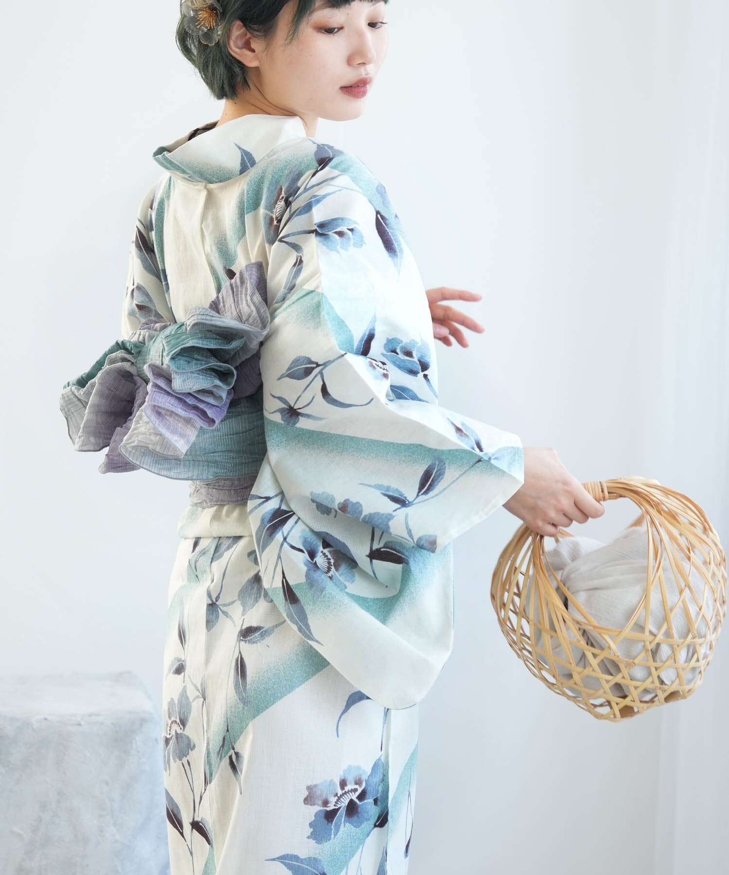 utatane｜utatane 高級変わり織 浴衣3点セット 淡いミントの霧ぼかし花