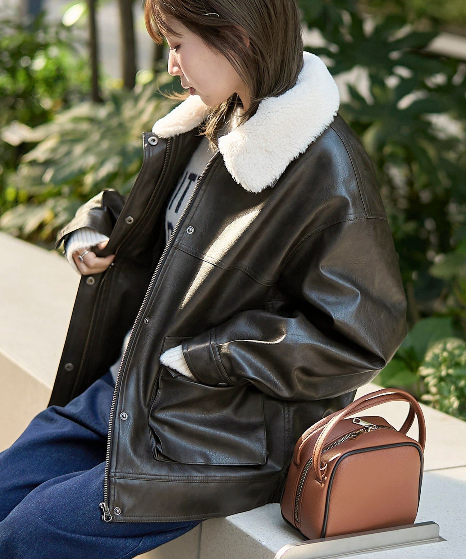 coen｜ボア襟付きレザーライクヴィンテージブルゾン | Rakuten Fashion