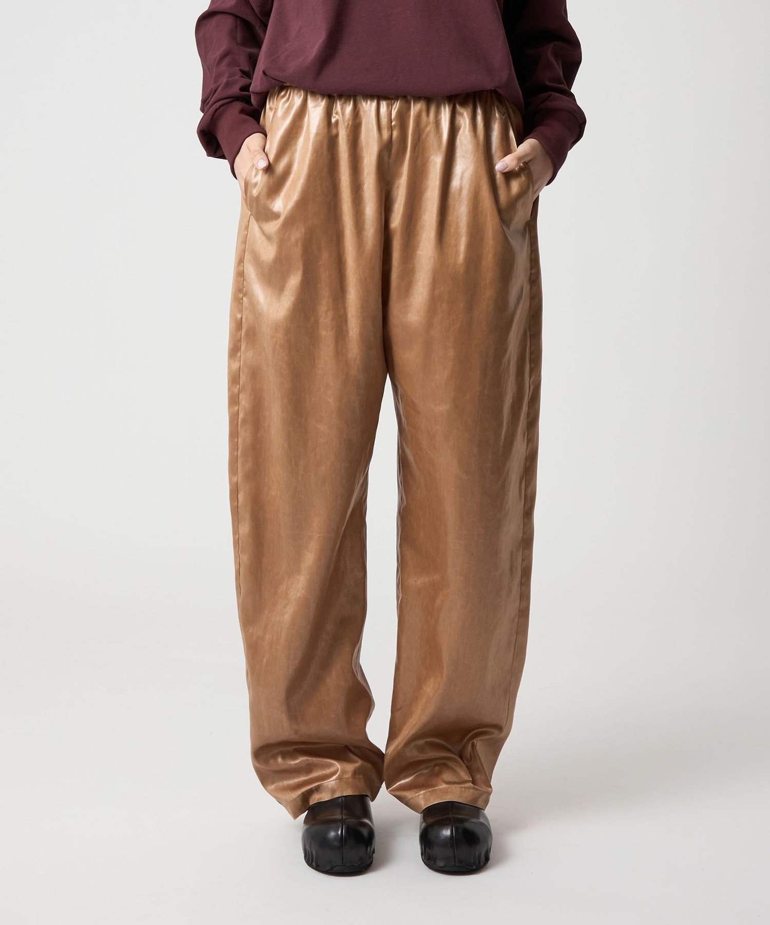 ROKU ポリエステル サテンパンツ ブラウン 6(ROKU)＞ポリエステル サテン パンツ