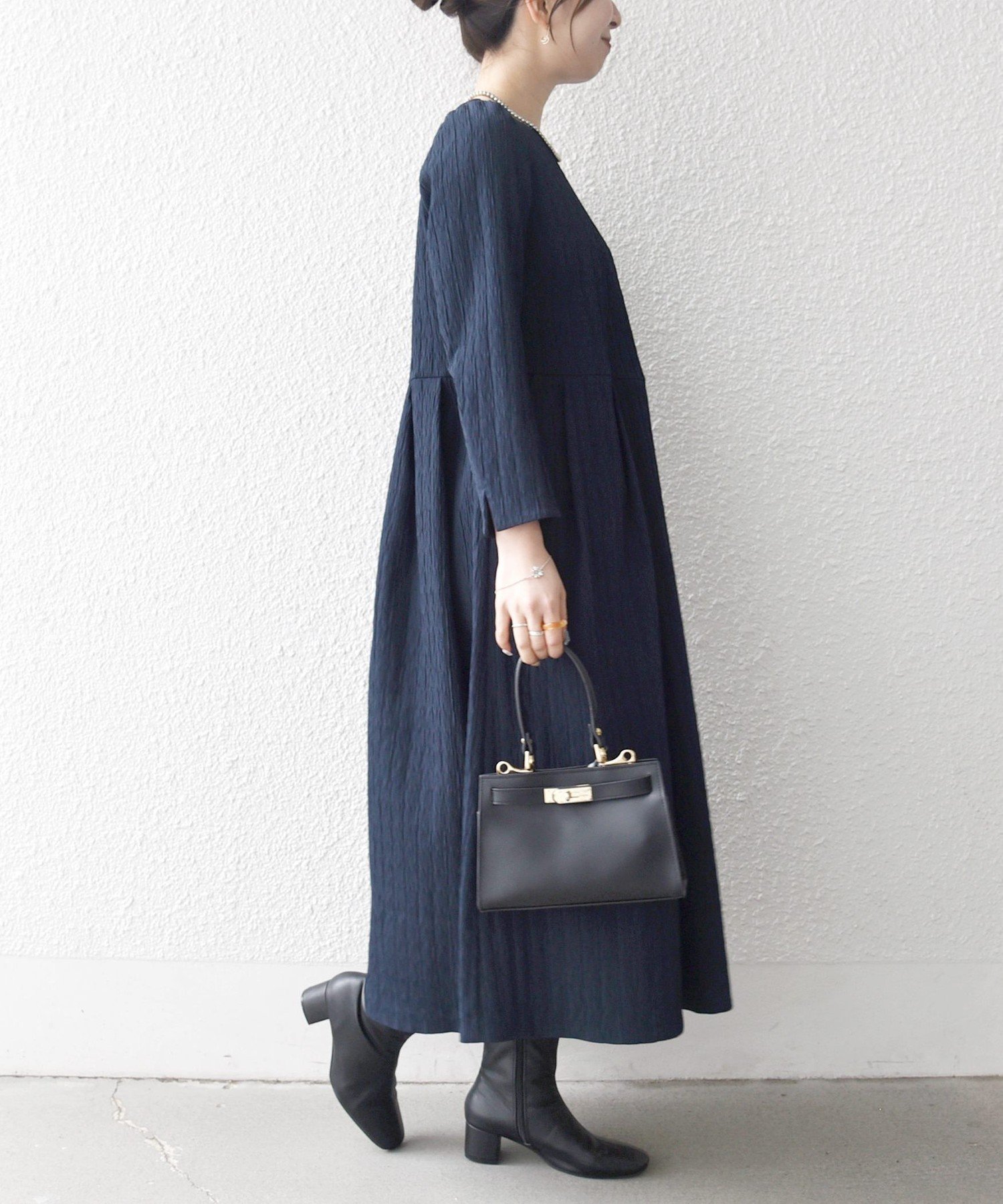 【完売品】SHIPS anyジャカードウエストタック ノーカラーワンピース SHIPS any:〈手洗い可能〉ジャカード ウエスト タック ノーカラー