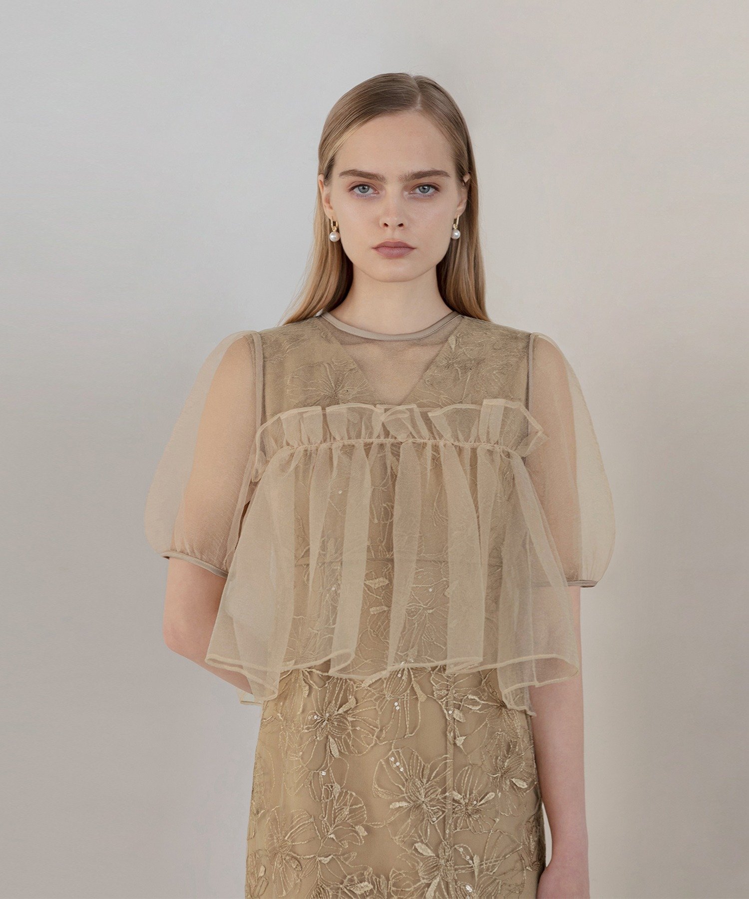 Leja｜-LEJA-ボリュームシアーフリルジャガードIラインドレス