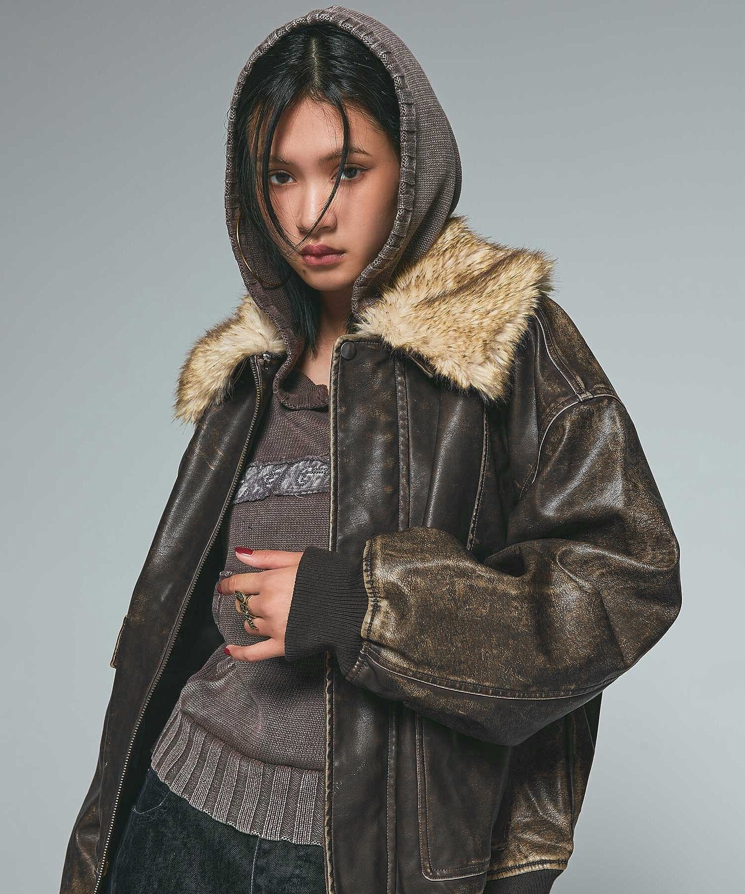 X-girl｜EMBOSSED LOGO PATCH DISTRESSED FAUX LEATHER JACKET