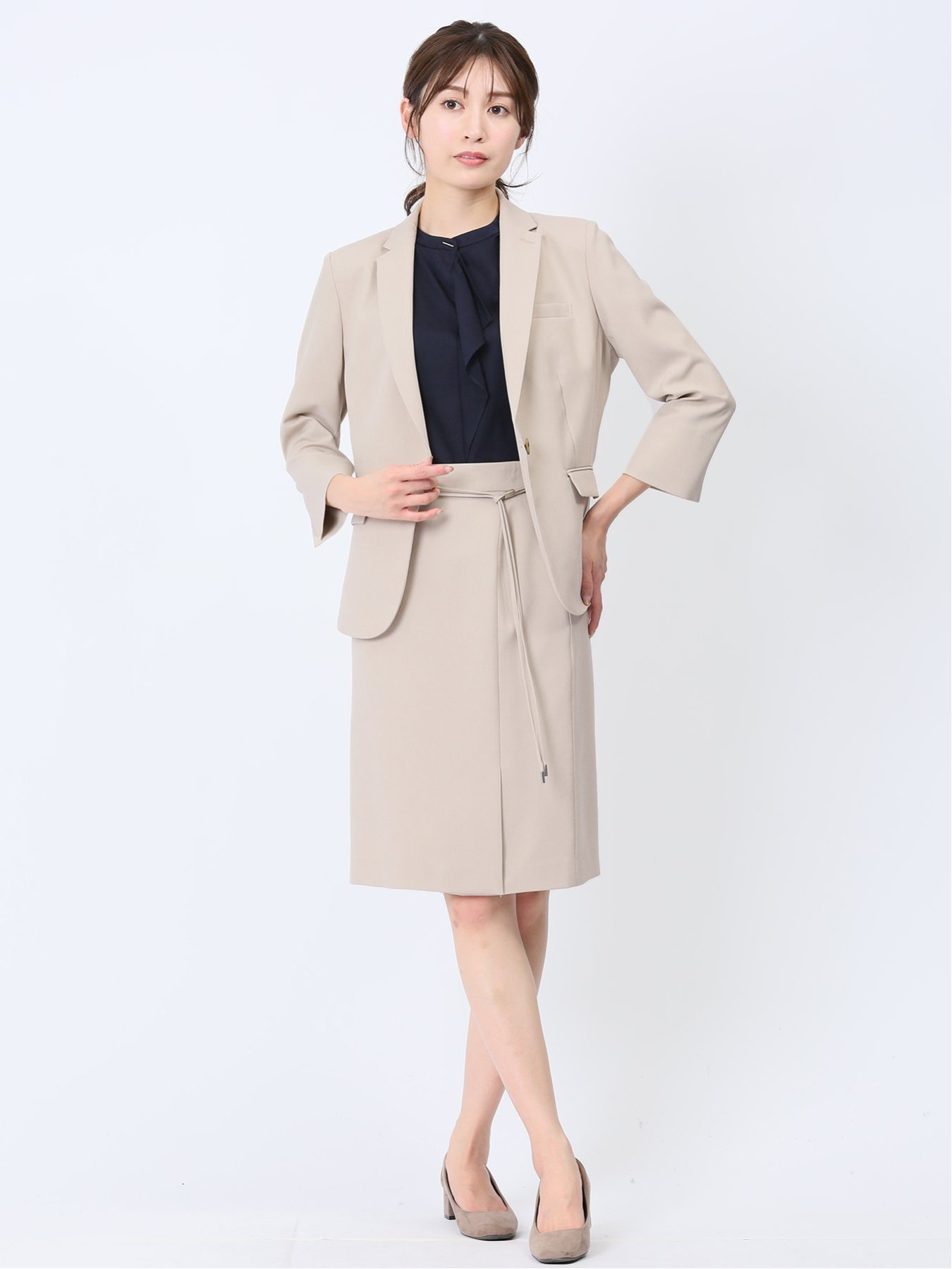 TAKA-Q｜綿麻ライク 1ボタン7分袖ジャケット ベージュ(セットアップ