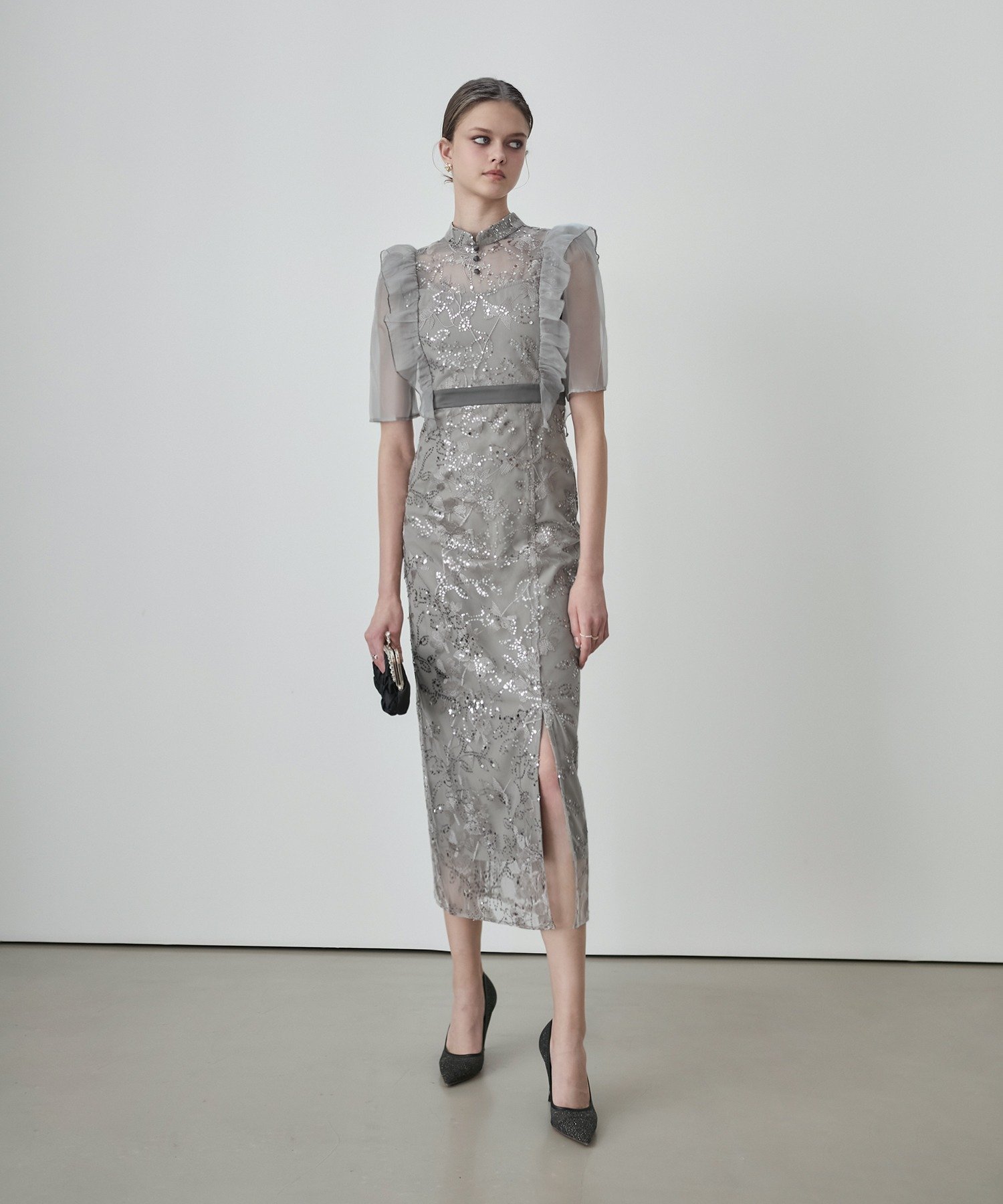 Leja｜Leja-フラワースパンコールシアーフリルIラインワンピースドレス