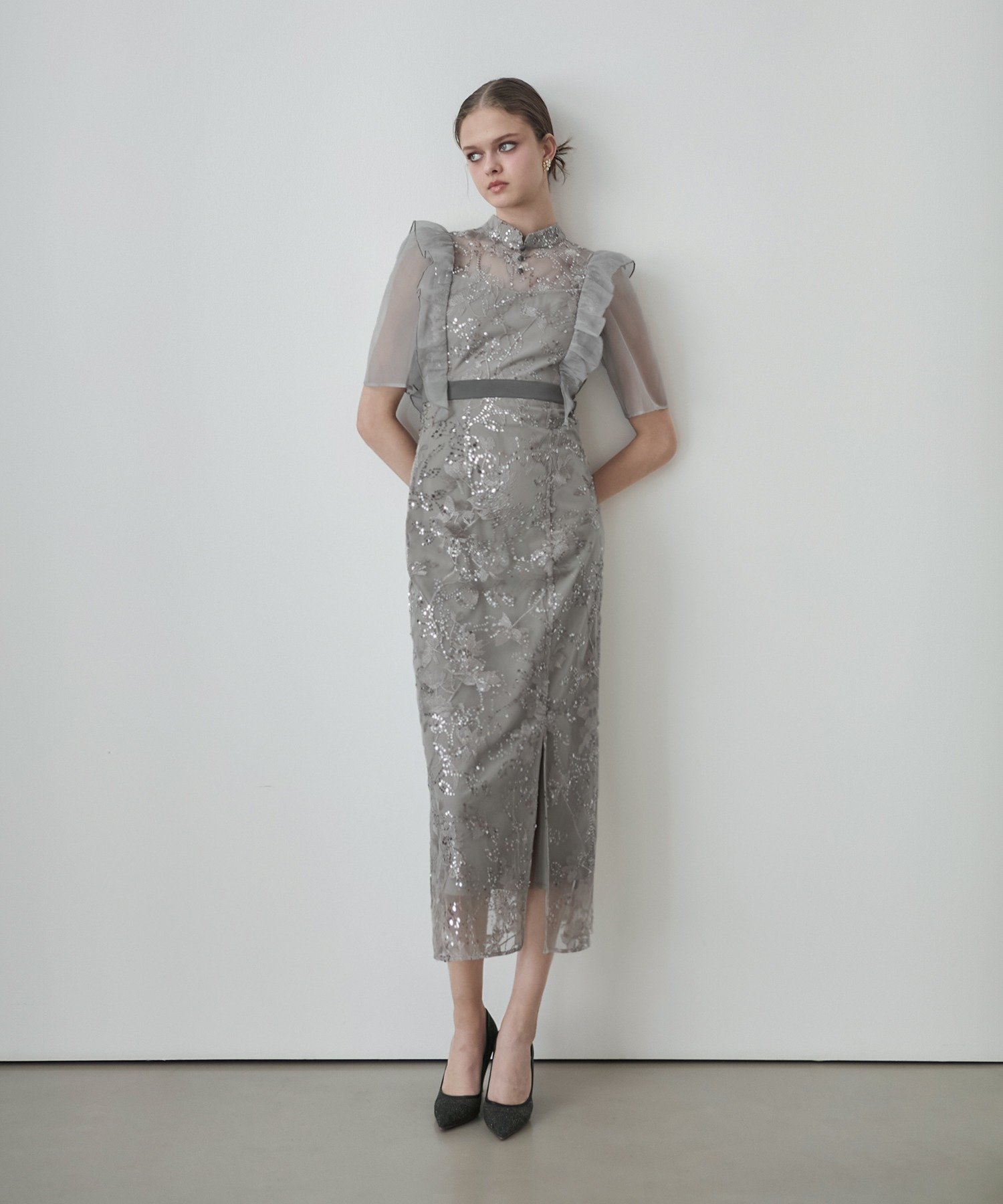 Leja｜Leja-フラワースパンコールシアーフリルIラインワンピースドレス