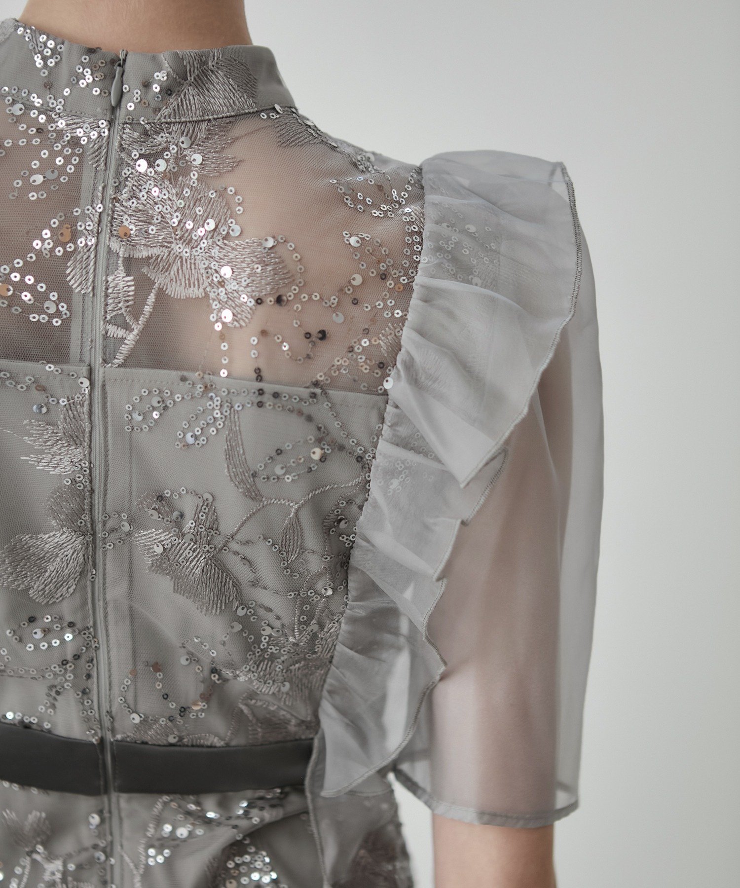 Leja｜Leja-フラワースパンコールシアーフリルIラインワンピースドレス