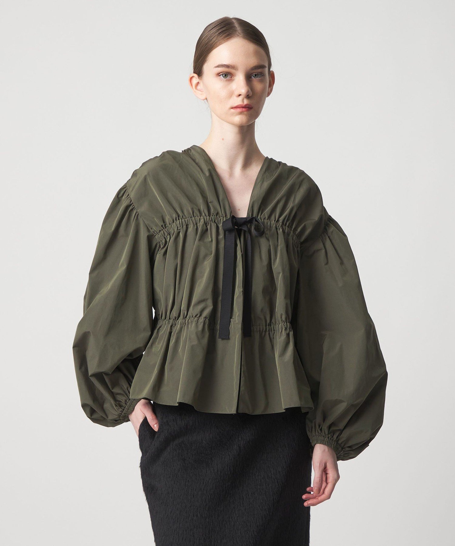 ドゥロワー 7万円 オーガンジー素材リボンシャツ ブラウス Drawer L