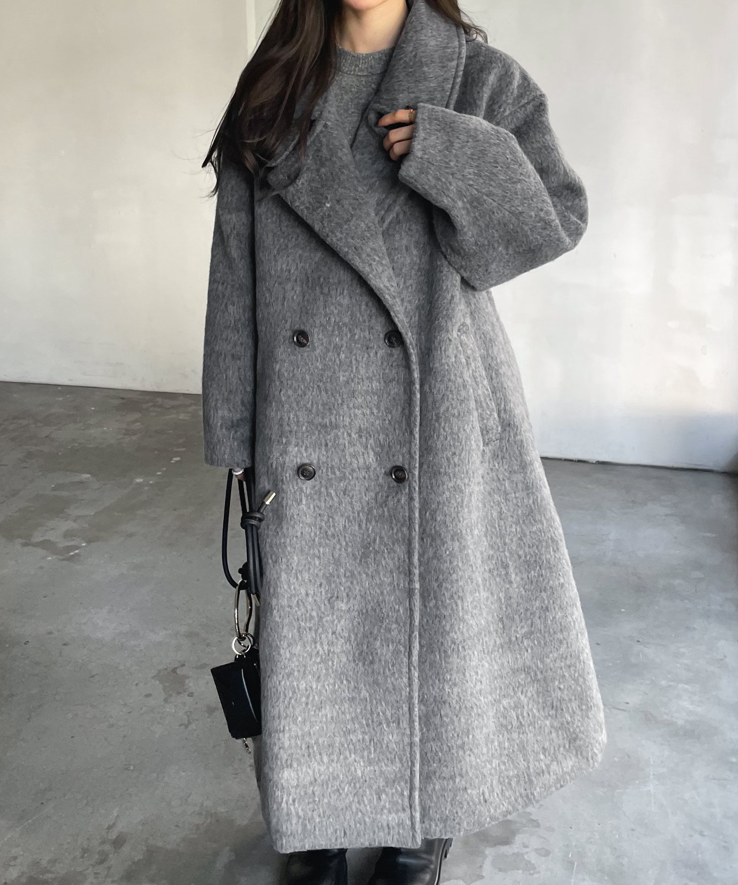 andme｜スタンドカラー 2way シャギー マキシ丈 ロングコート