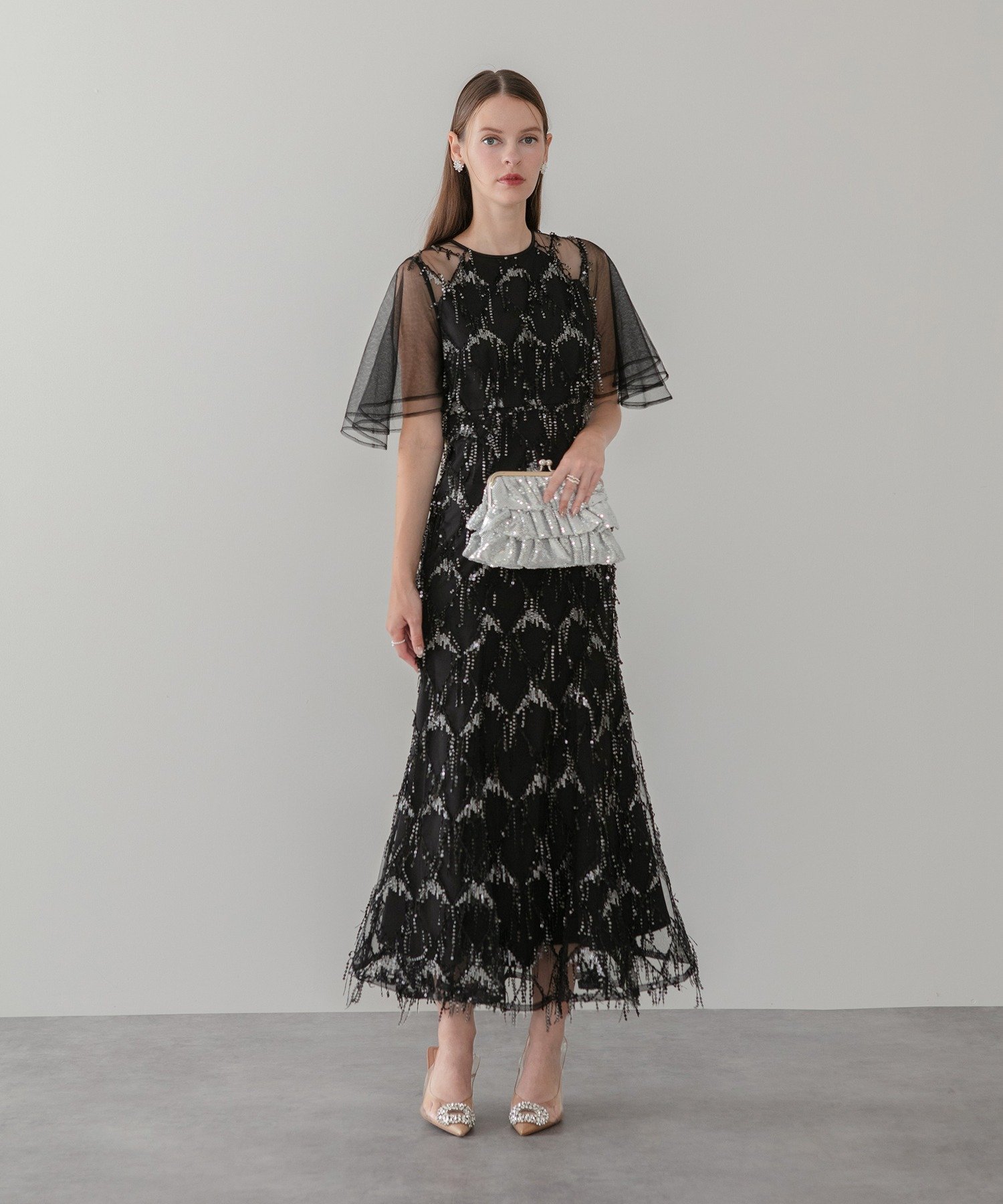 Leja｜Leja-チュールスリーブスパンコールマーメイドワンピースドレス