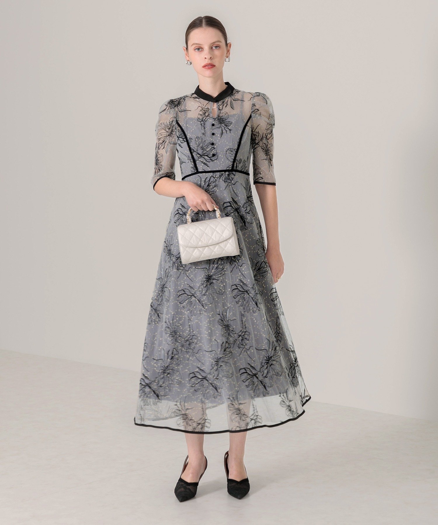 Leja｜LEJA-配色パイピング花柄ラメレースワンピースドレス 結婚式