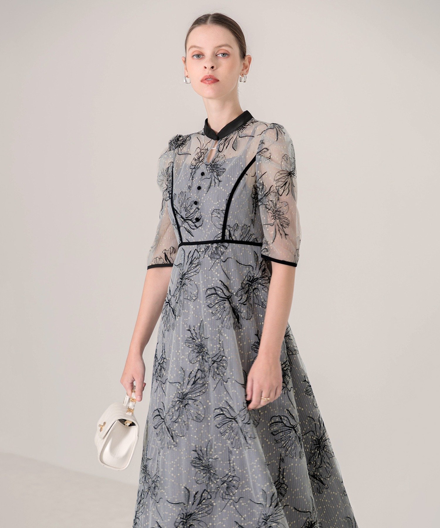 Leja｜LEJA-配色パイピング花柄ラメレースワンピースドレス 結婚式