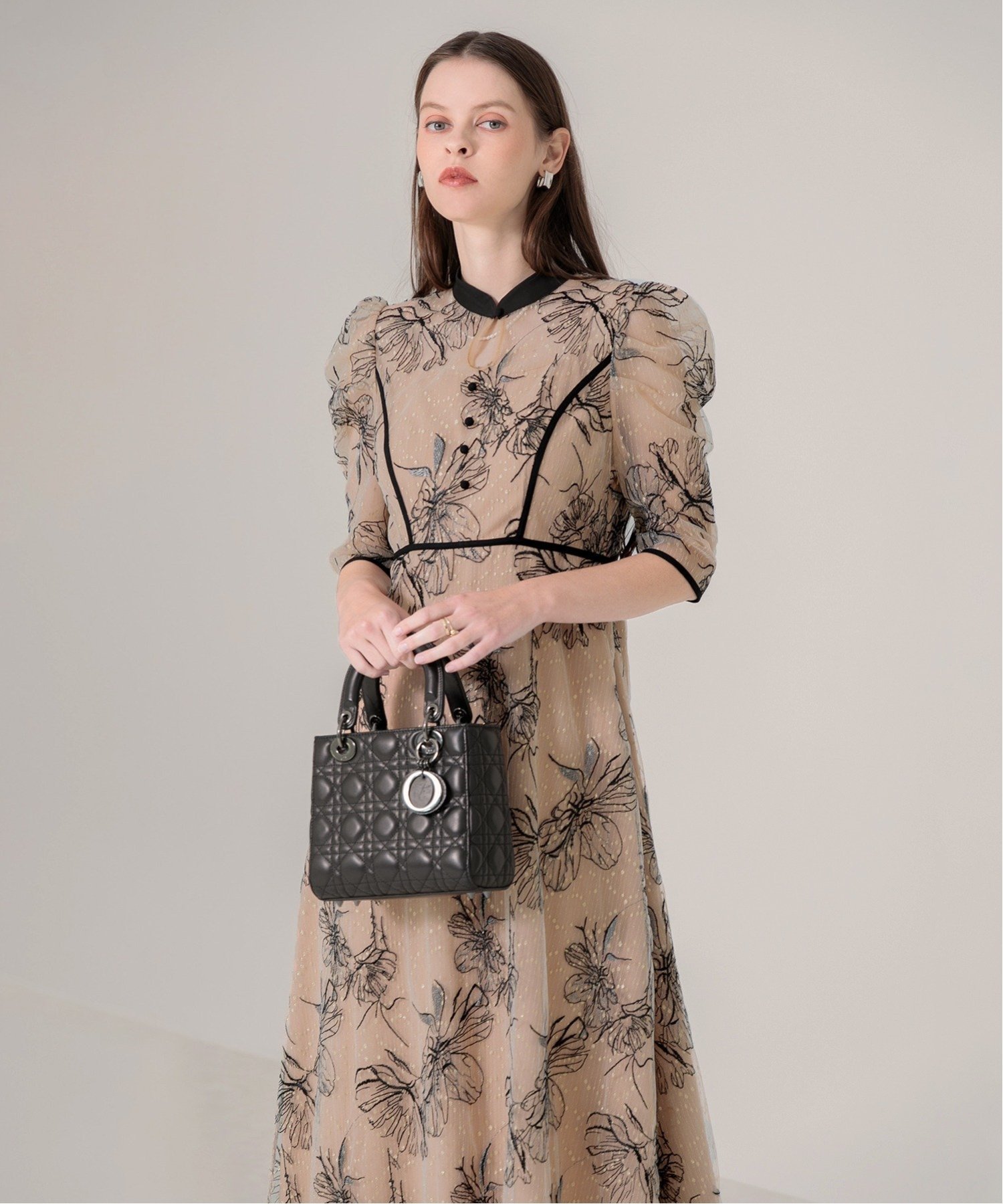 Leja｜LEJA-配色パイピング花柄ラメレースワンピースドレス 結婚式