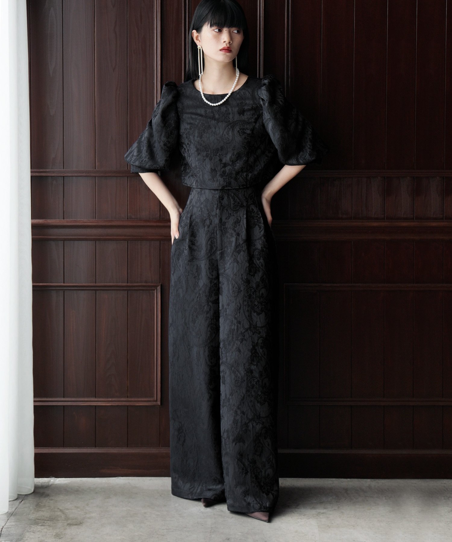 bflat｜ジャガードクロップブラウス&タックワイドパンツセットアップ