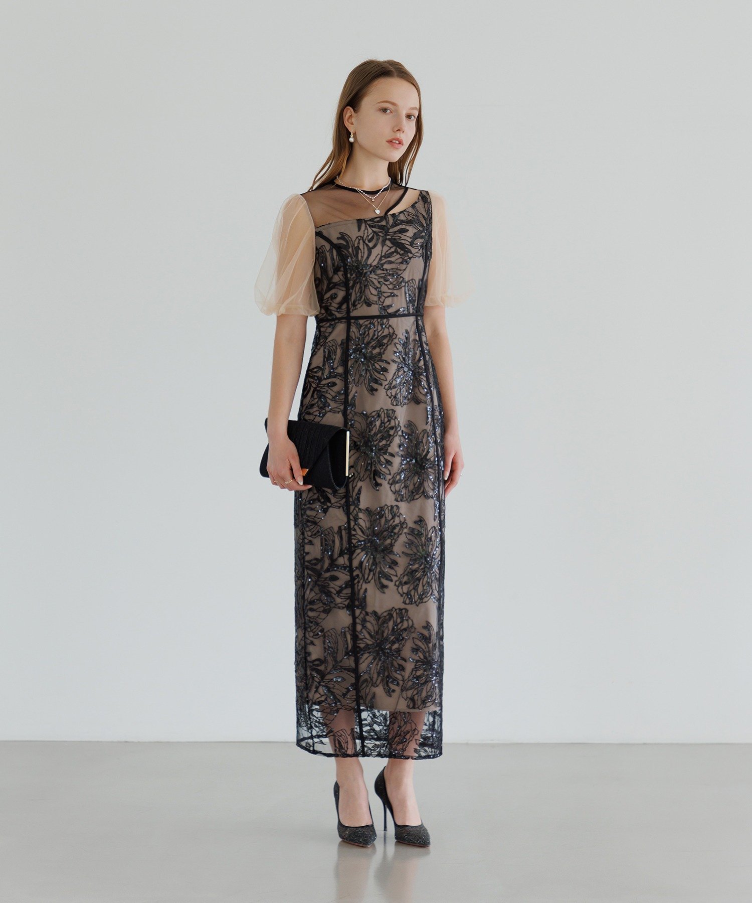 Leja｜LEJA-アシンメトリーシアー花柄ワンピースドレス 結婚式