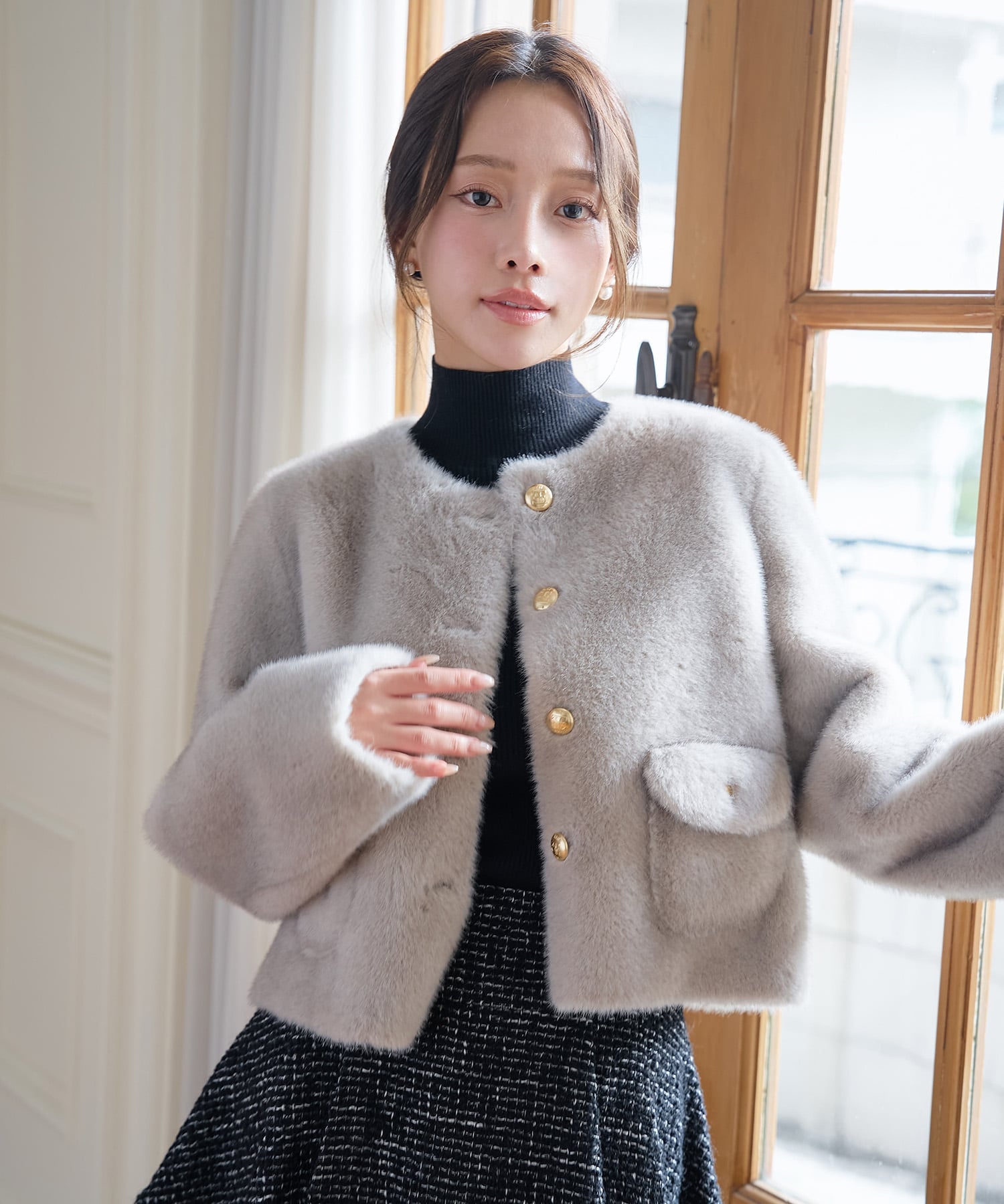 EIMY ISTOIRE｜ゴールドボタンフェイクファージャケット | Rakuten