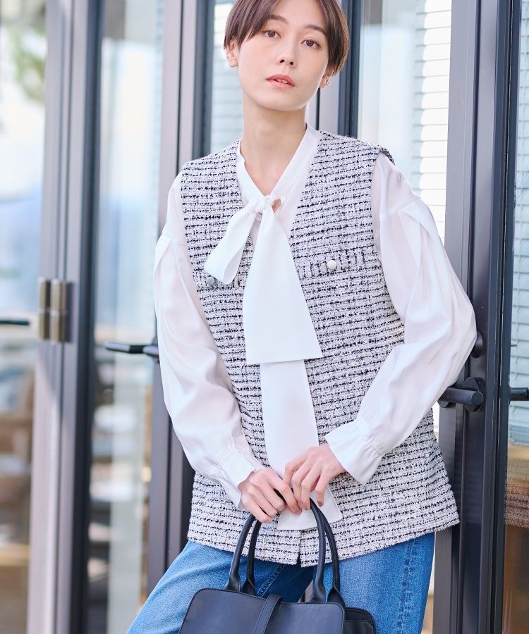 INDIVI｜【2点セット/UVケア】ツイードジレ&ボウタイブラウス カセット