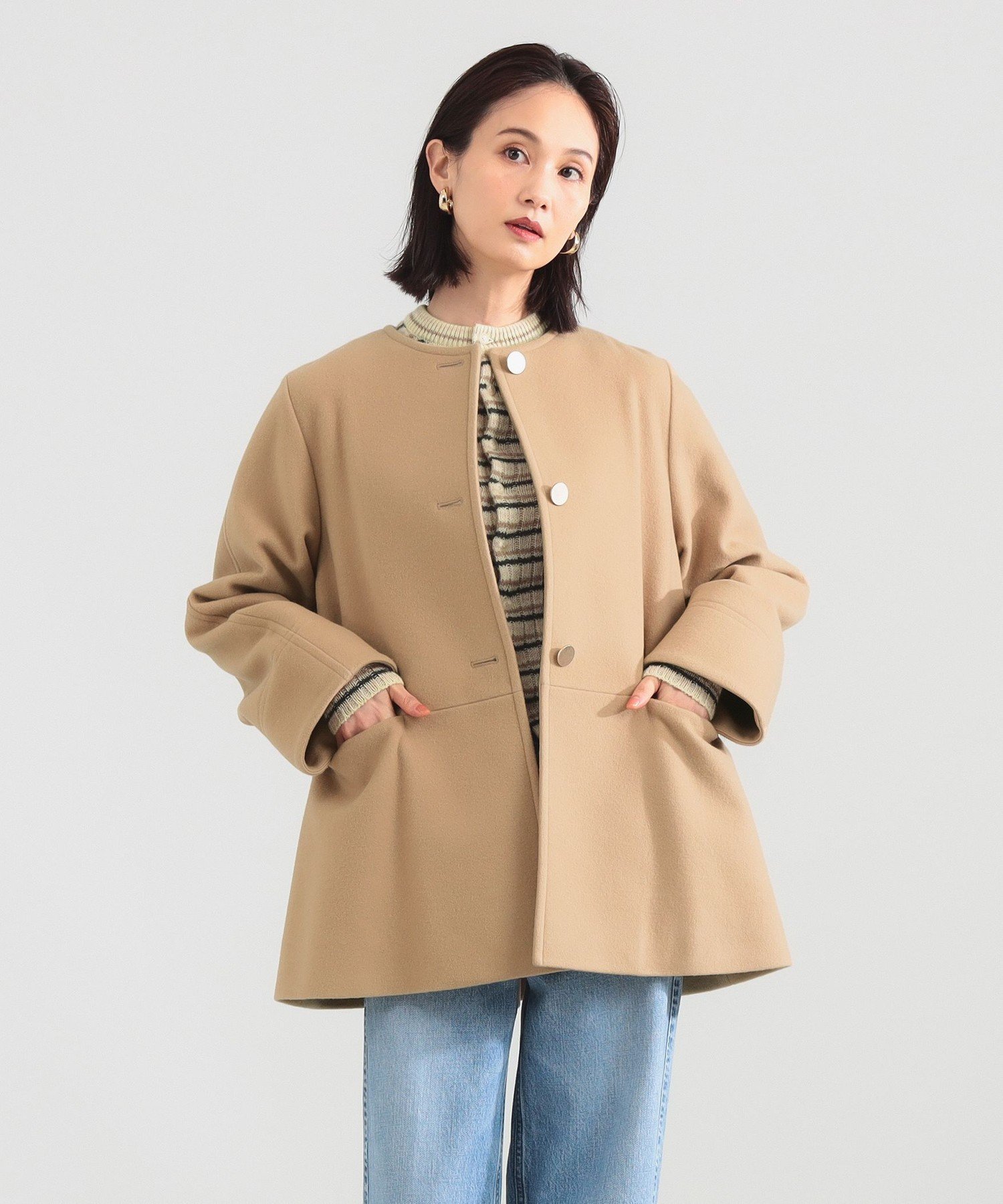 Demi-Luxe BEAMS｜ソフトメルトン ノーカラーコート Aライン ミドル丈