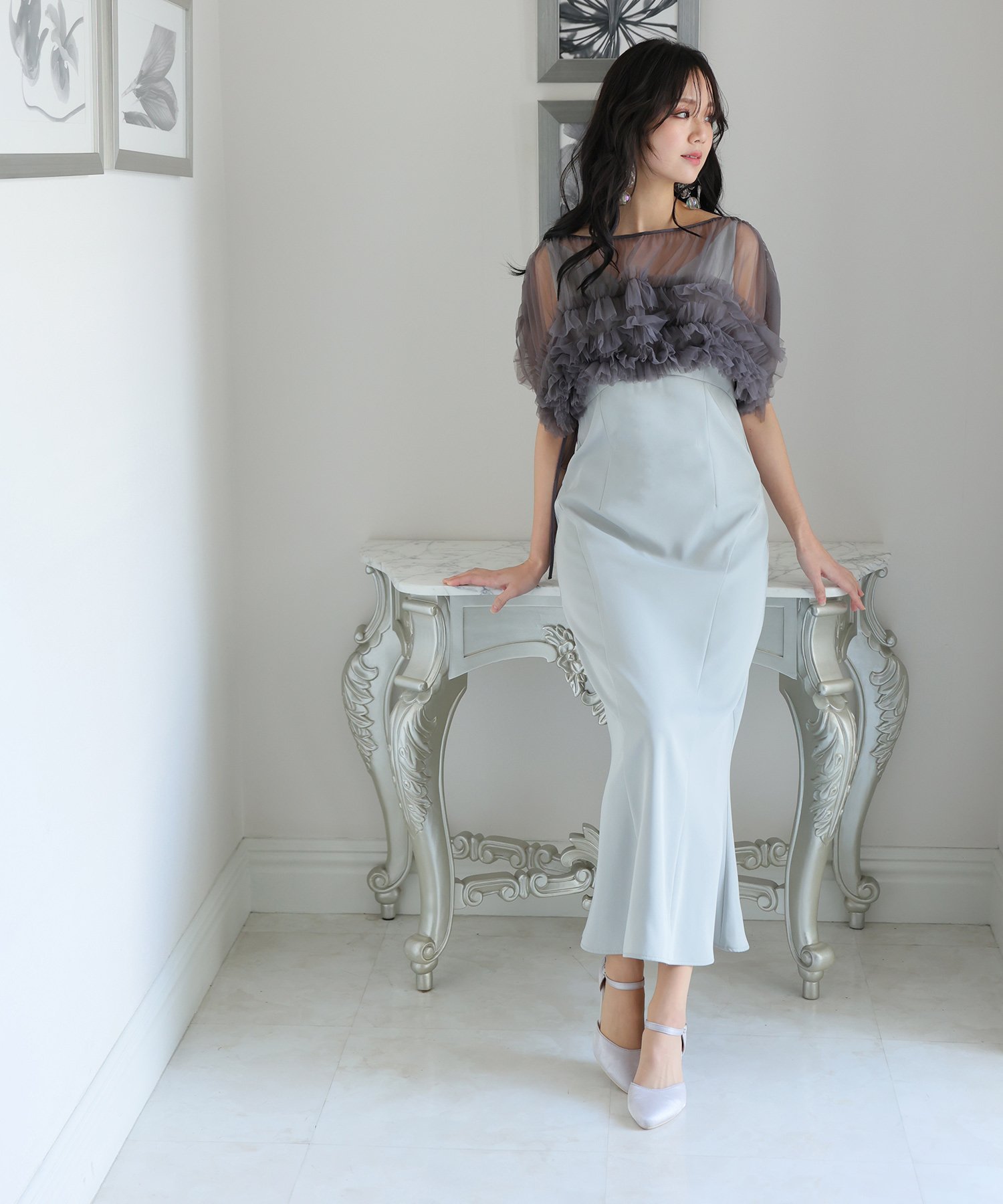 PourVous｜ギャザーチュールトップス結婚式パーティードレスお呼ばれ