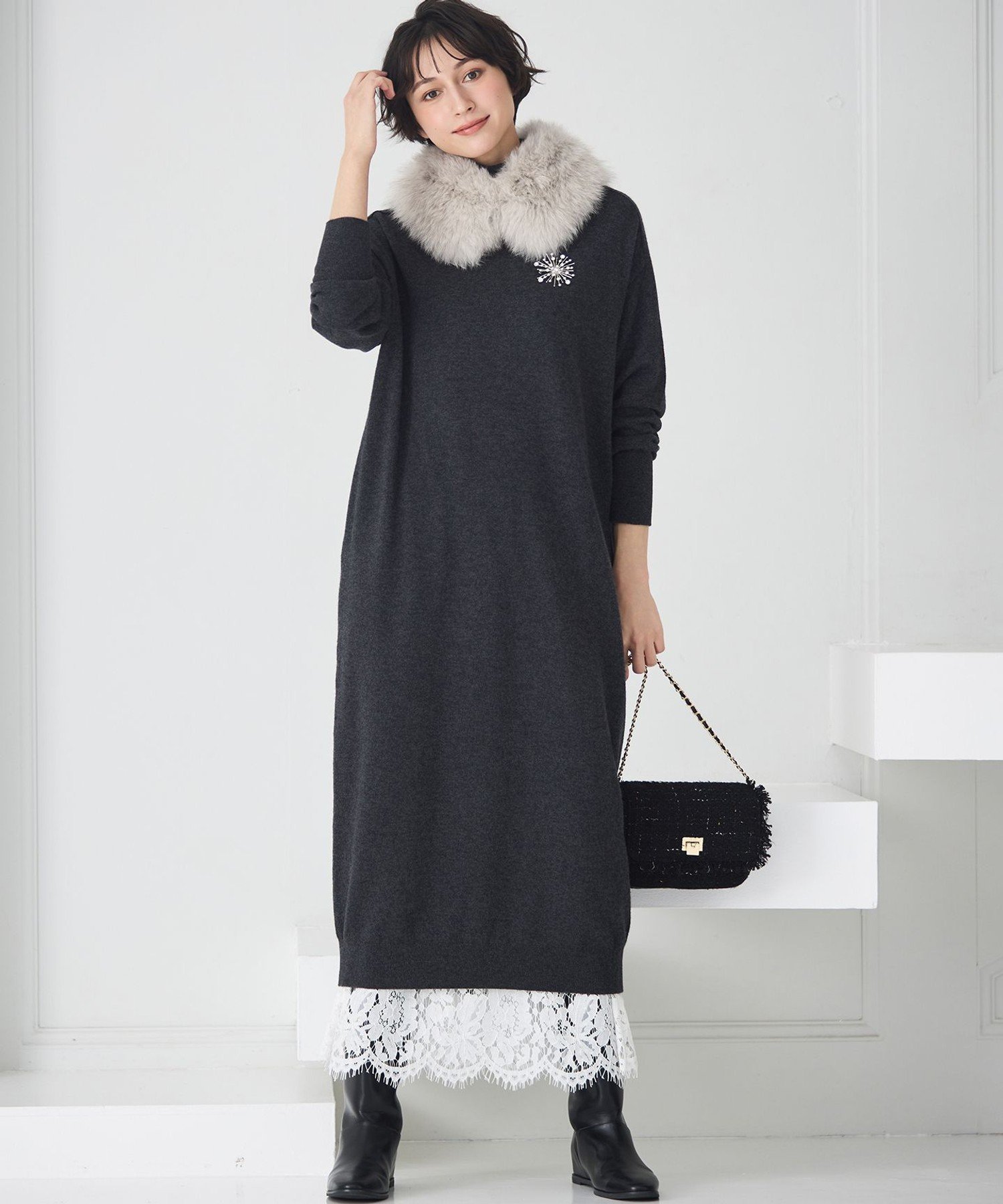 23区｜【洗える】カシミヤブレンド タートルネック ニットワンピース