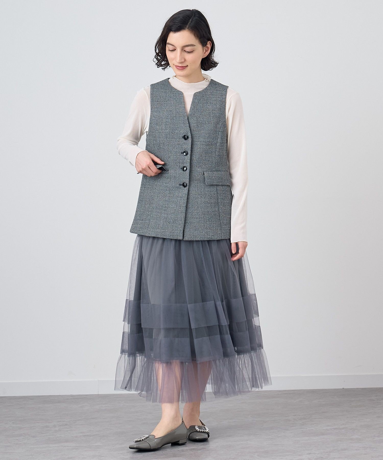 ANAYI｜【セットアップ対応商品】ワッフルツイードペプラムジレ