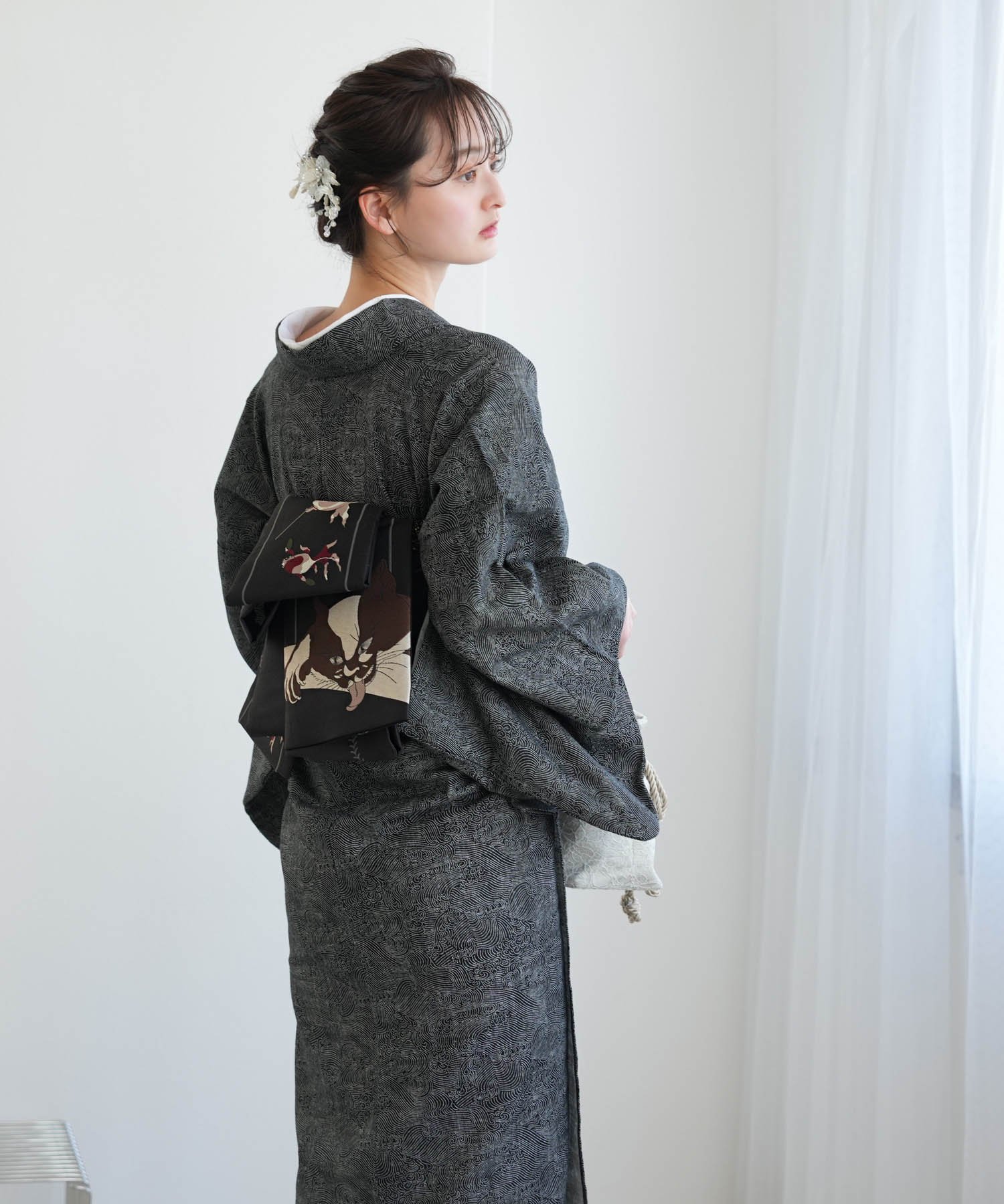 utatane｜ニコアンティーク 着物+帯 2点セット 黒の青海波に金魚と猫