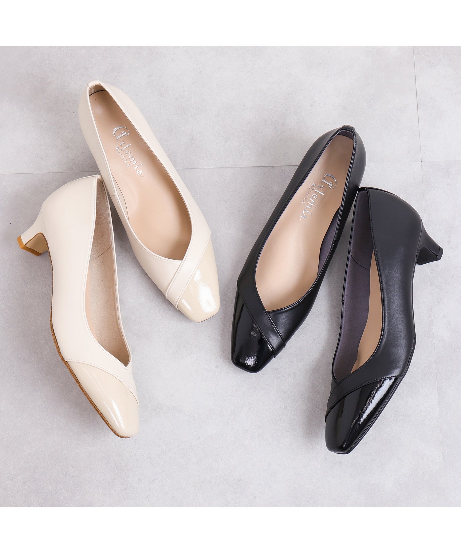 artemis by DIANA｜スクエアトゥ エナメル切り替えデザインパンプス