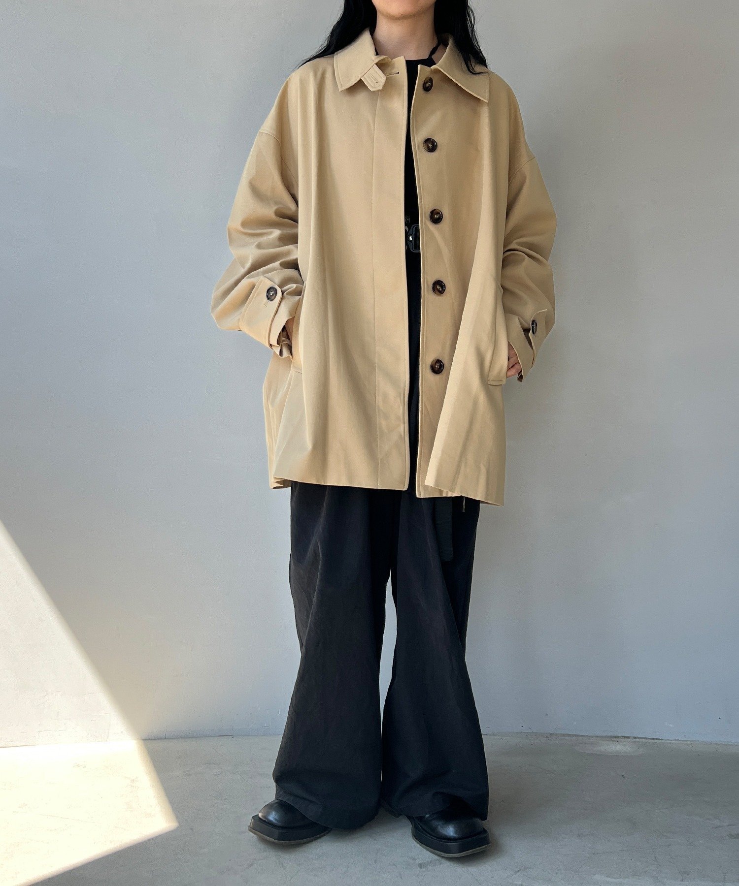 chuclla｜【LONSLAN】ワイドスリーブ ステンカラーオーバーコート