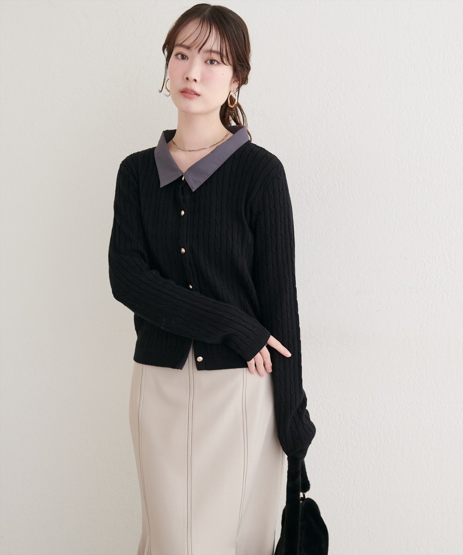 natural couture｜レイヤード風衿付きケーブルカーディガン | Rakuten