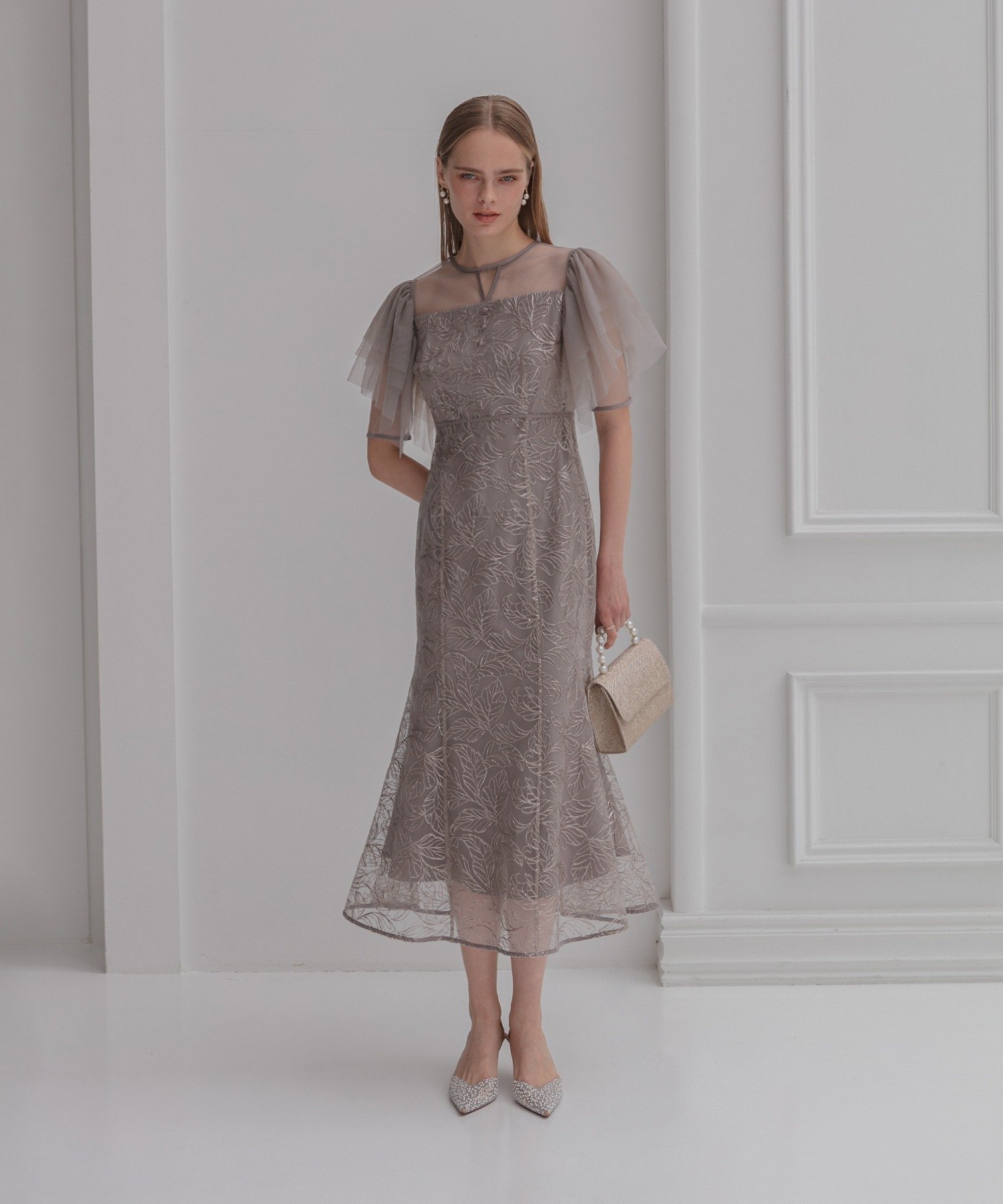 Leja｜LEJA-チュールスリーブボタニカルマーメイドワンピースドレス