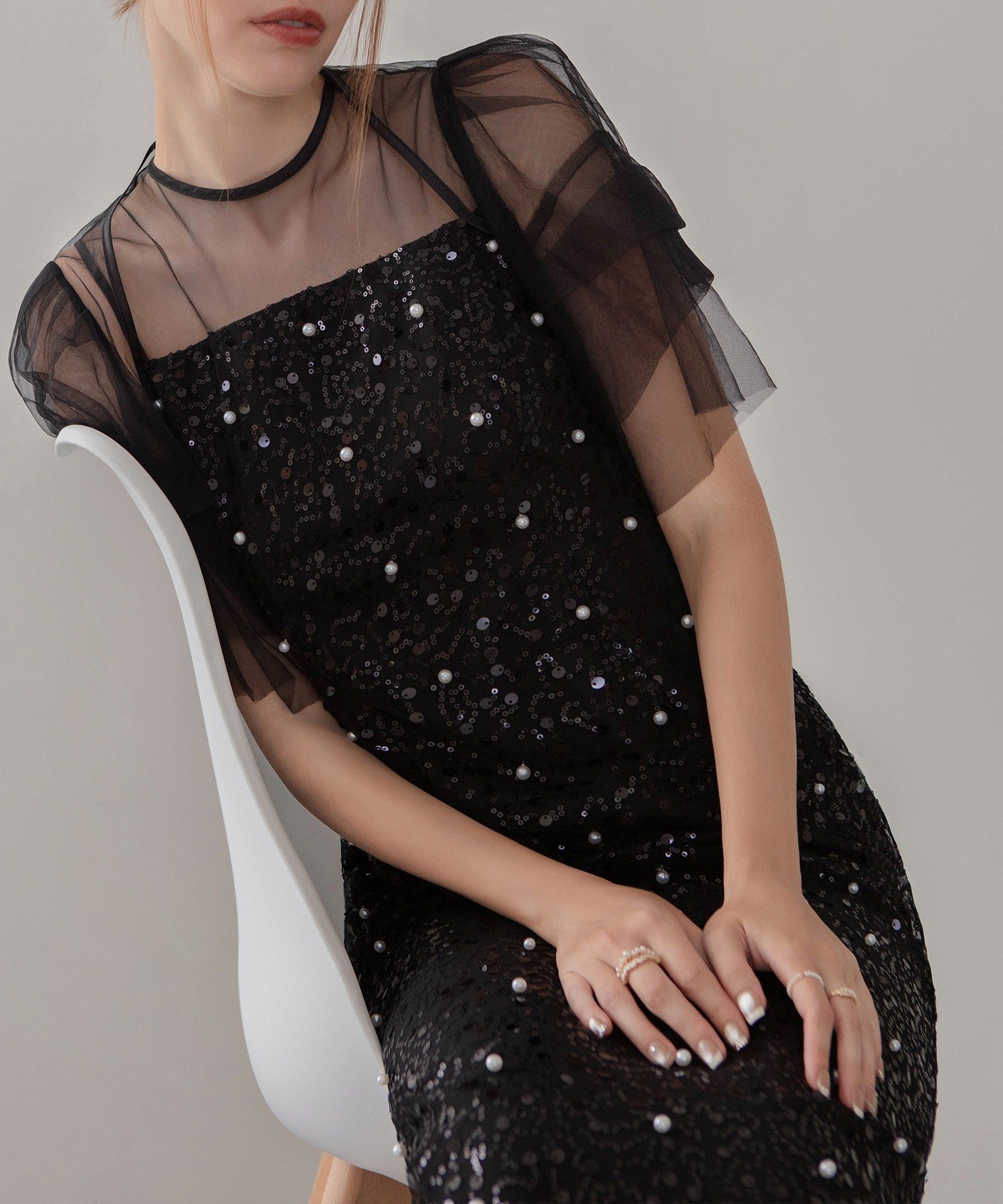 Leja｜Leja-スパンコールパールミックスボレロIラインワンピースドレス