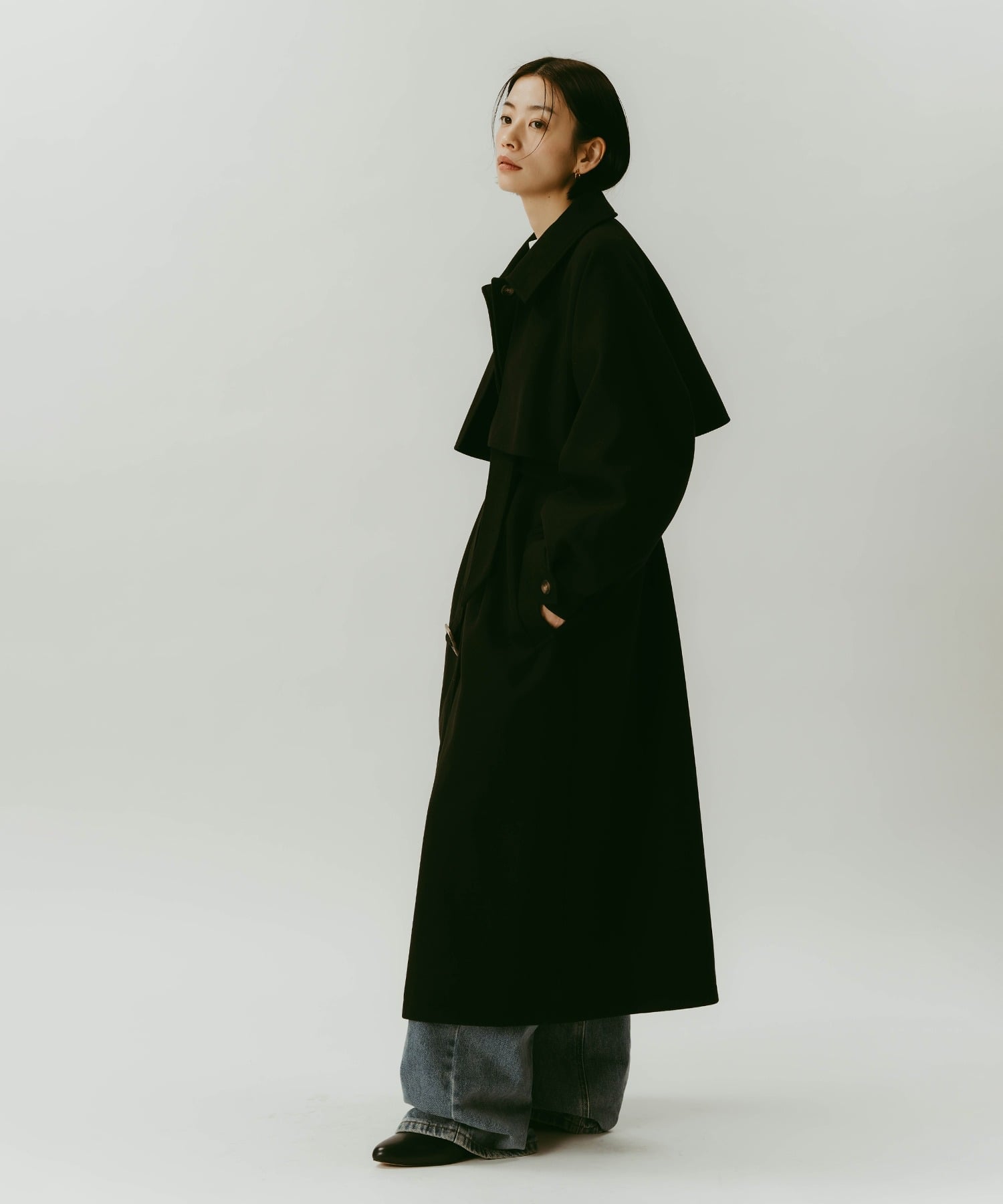 andme｜フェイクウール ウエストベルト付き ロング丈トレンチコート