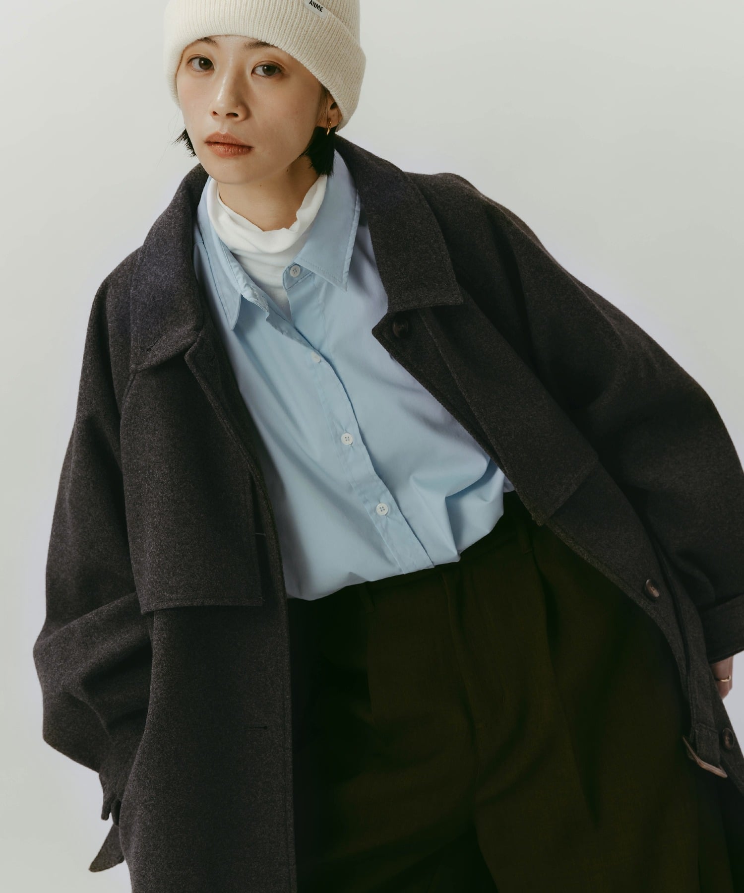 andme｜フェイクウール ウエストベルト付き ロング丈トレンチコート