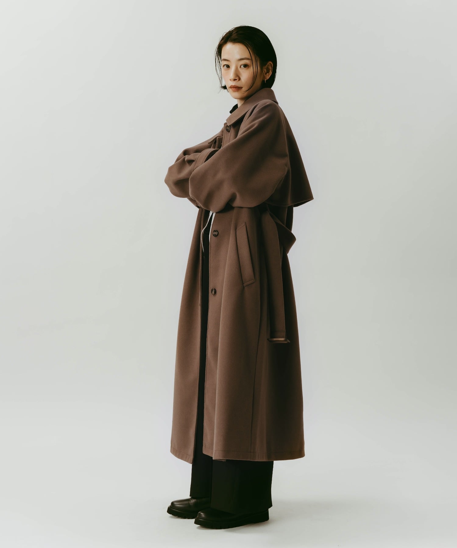 andme｜フェイクウール ウエストベルト付き ロング丈トレンチコート