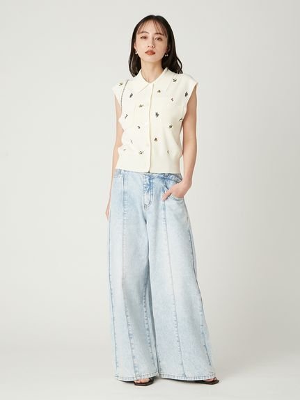 FRAY I.D｜フルーツ刺繍ポロカラーノースリニットジレ/接触冷感