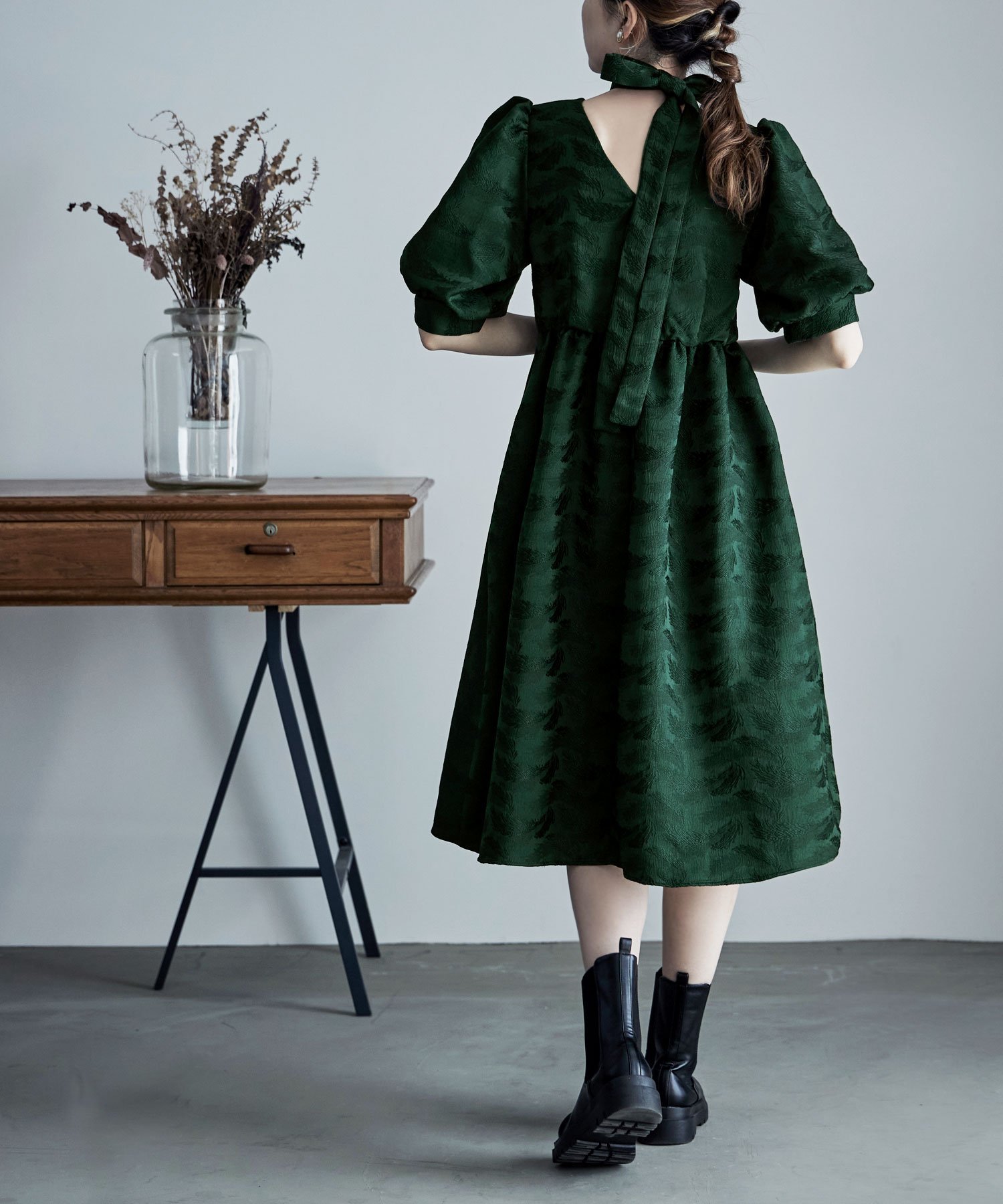 bflat｜ジャガードパフスリーブドレス | Rakuten Fashion(楽天