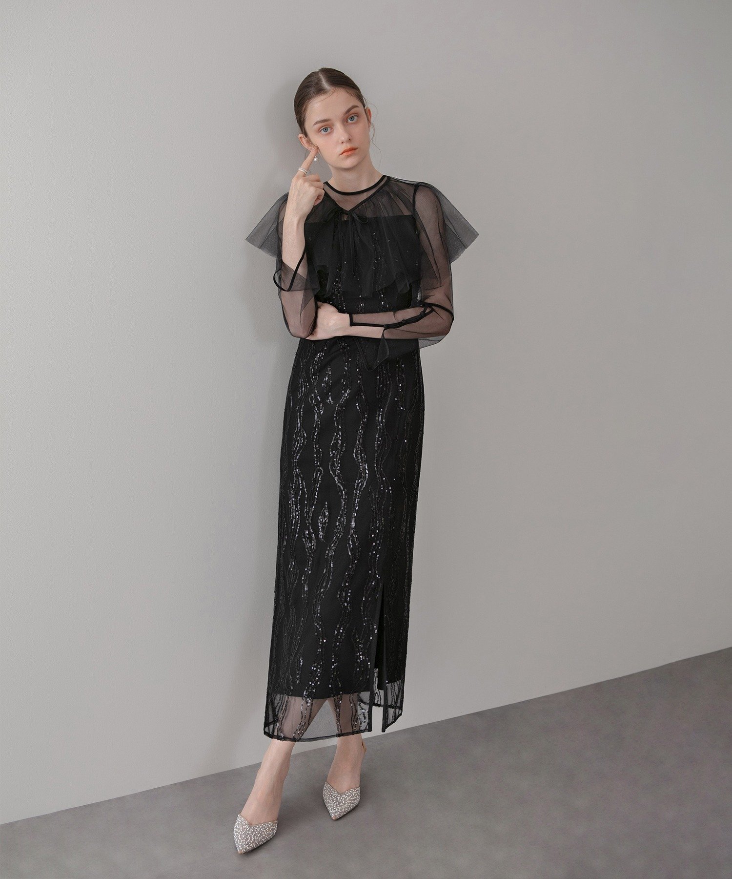 Leja｜Leja-シアーケープスパンコールIラインワンピースドレス結婚式