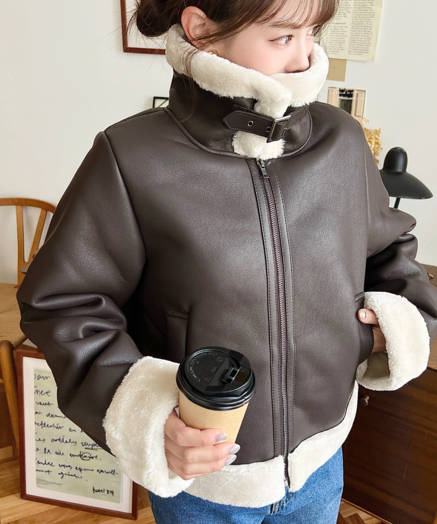 moment+｜フェイクレザー*フェイクファームートンショートブルゾン