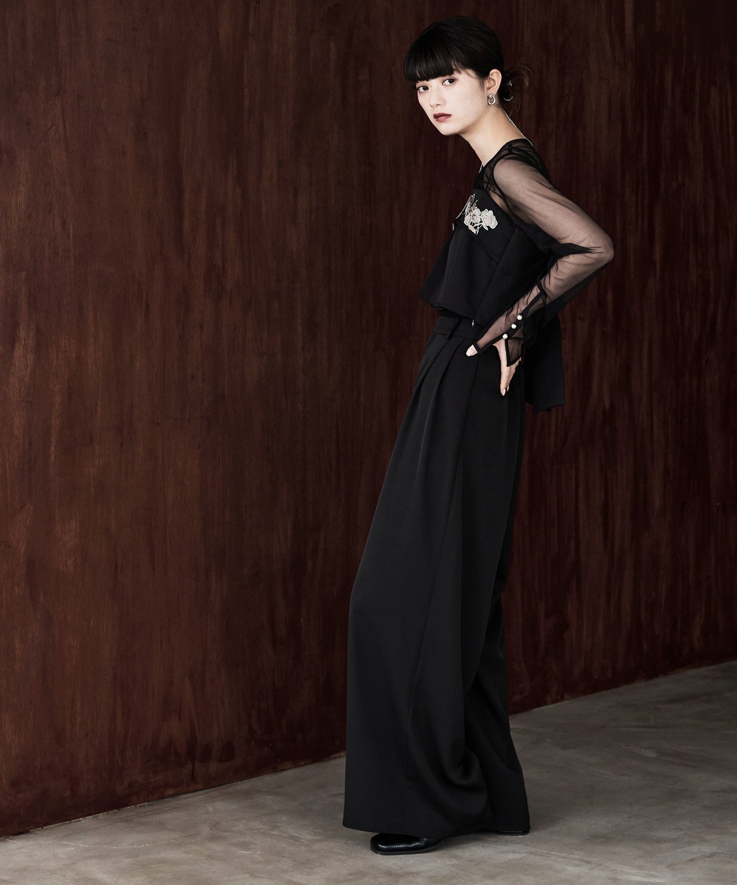 bflat｜3piece刺繍リボンビスチェ&タックワイドパンツセットアップ