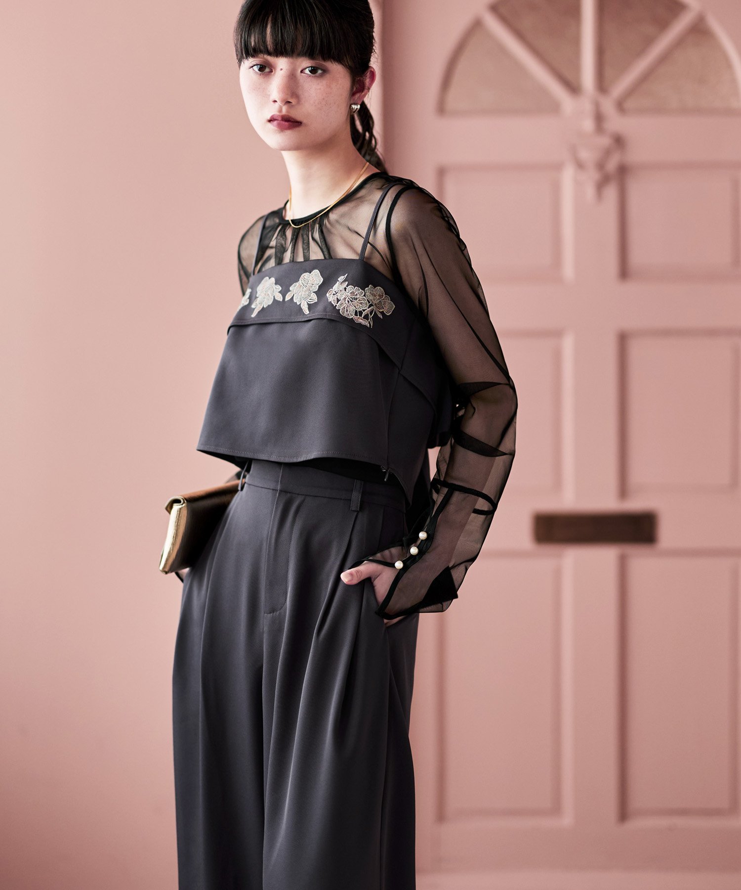bflat｜3piece刺繍リボンビスチェ&タックワイドパンツセットアップ