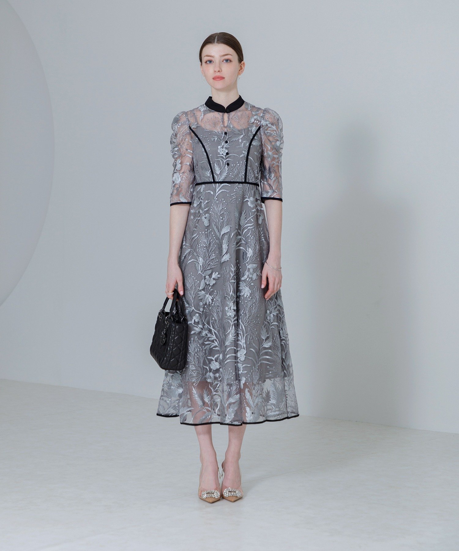 Leja｜LEJA-花柄刺繍レースチュールパフスリーブAラインワンピース