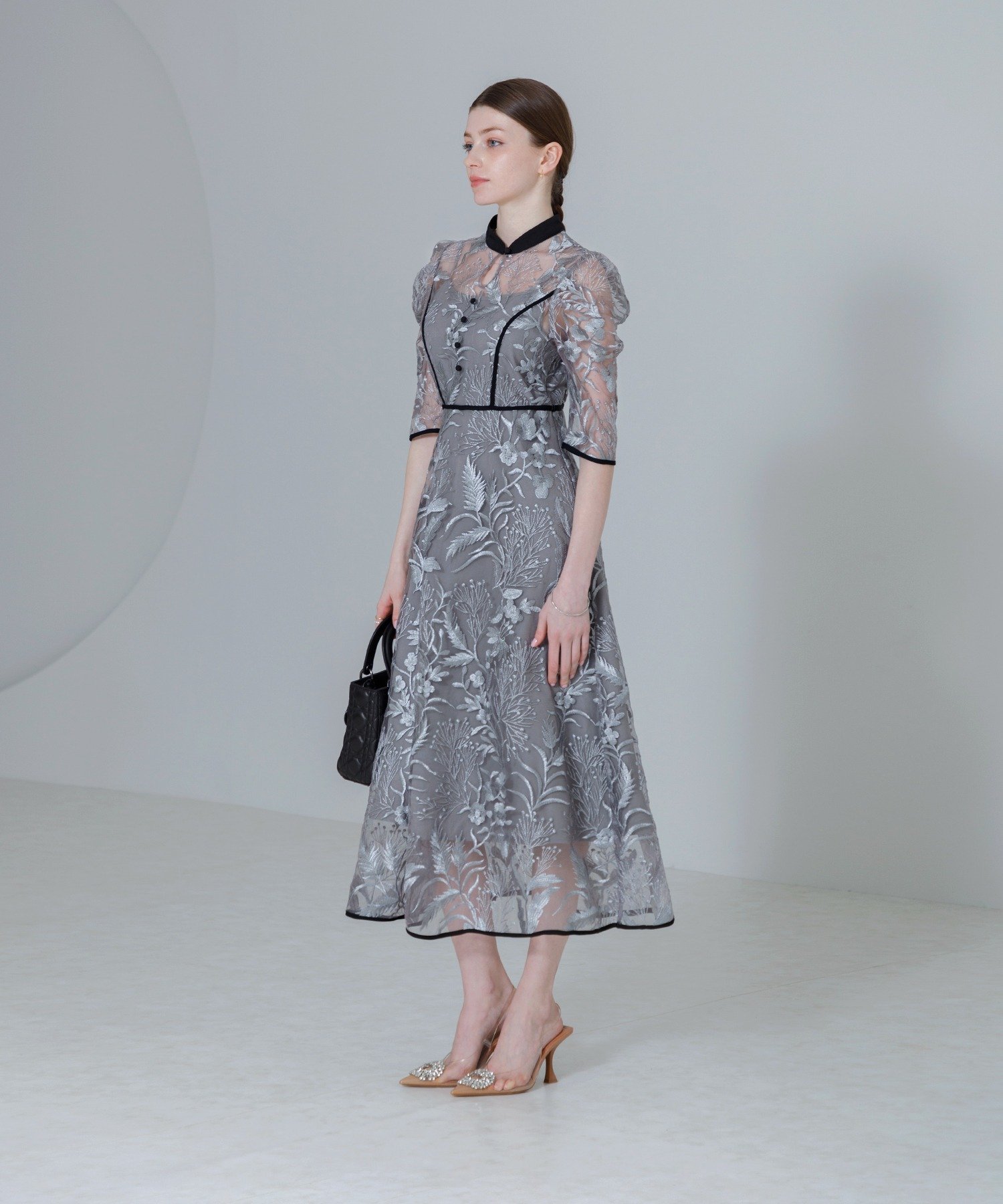 Leja｜LEJA-花柄刺繍レースチュールパフスリーブAラインワンピース